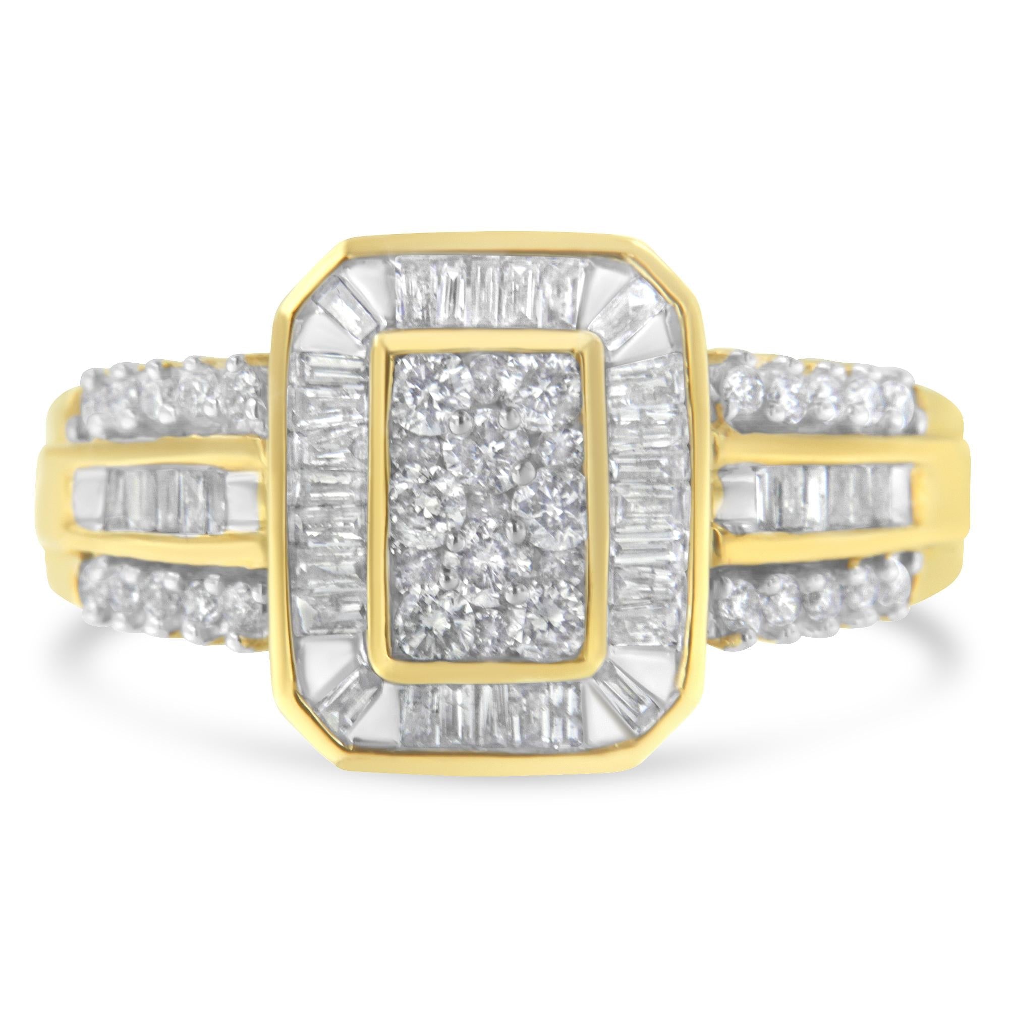 Anello da cocktail in oro giallo 10 carati con diamanti taglio baguette e taglio rotondo (1,0 ct, colore HI, purezza SI2-I1) - Friggin Jewelry