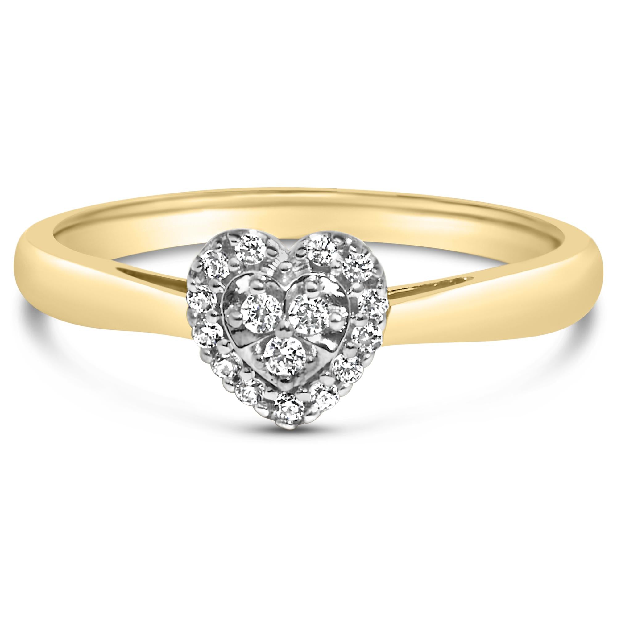 Anillo de compromiso con forma de corazón de diamantes de talla redonda de 1/10 quilates y baño de oro amarillo de 14 quilates en plata de ley 925 (color IJ, claridad I3) - Friggin Jewelry