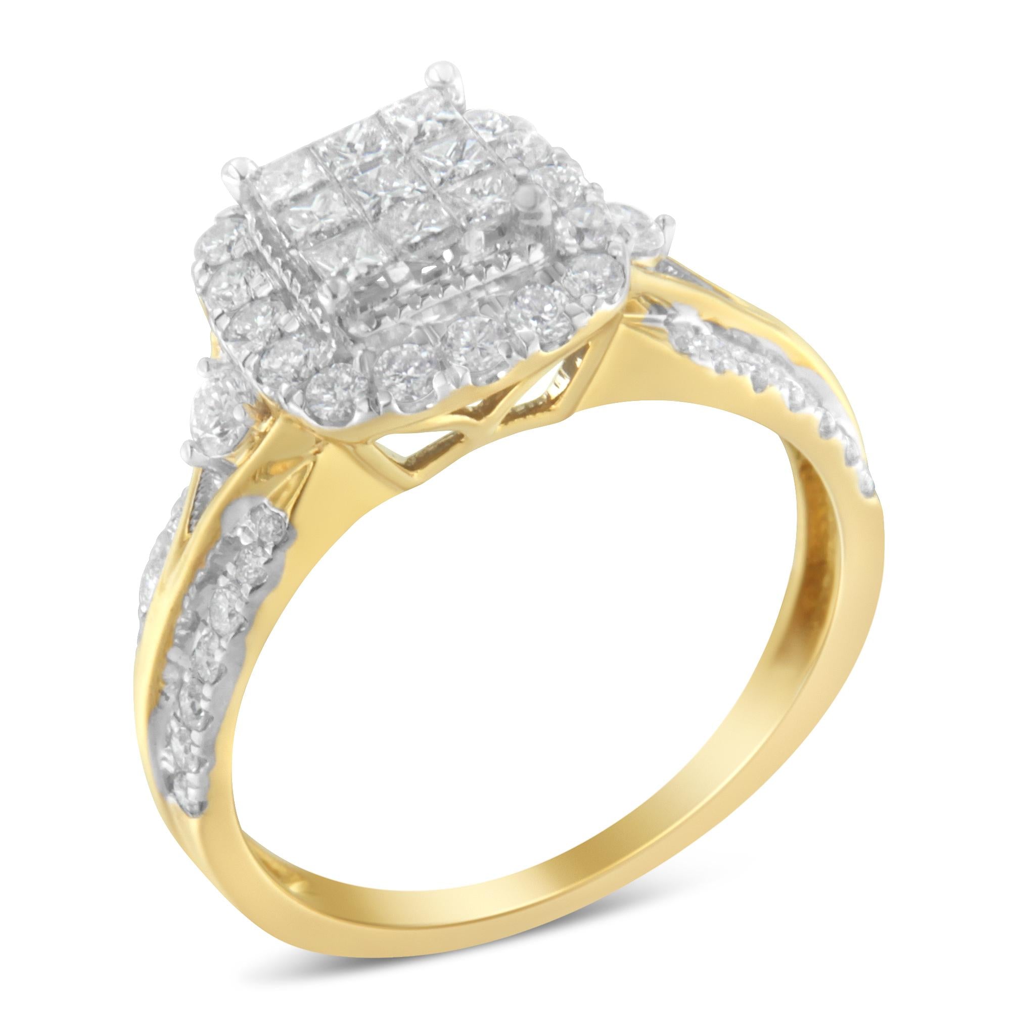 Anello di fidanzamento a 3 fasce con alone a forma di cuscino in oro giallo 10 carati con diamanti compositi da 1,0 ct (colore HI, purezza SI1-SI2) - Friggin Jewelry