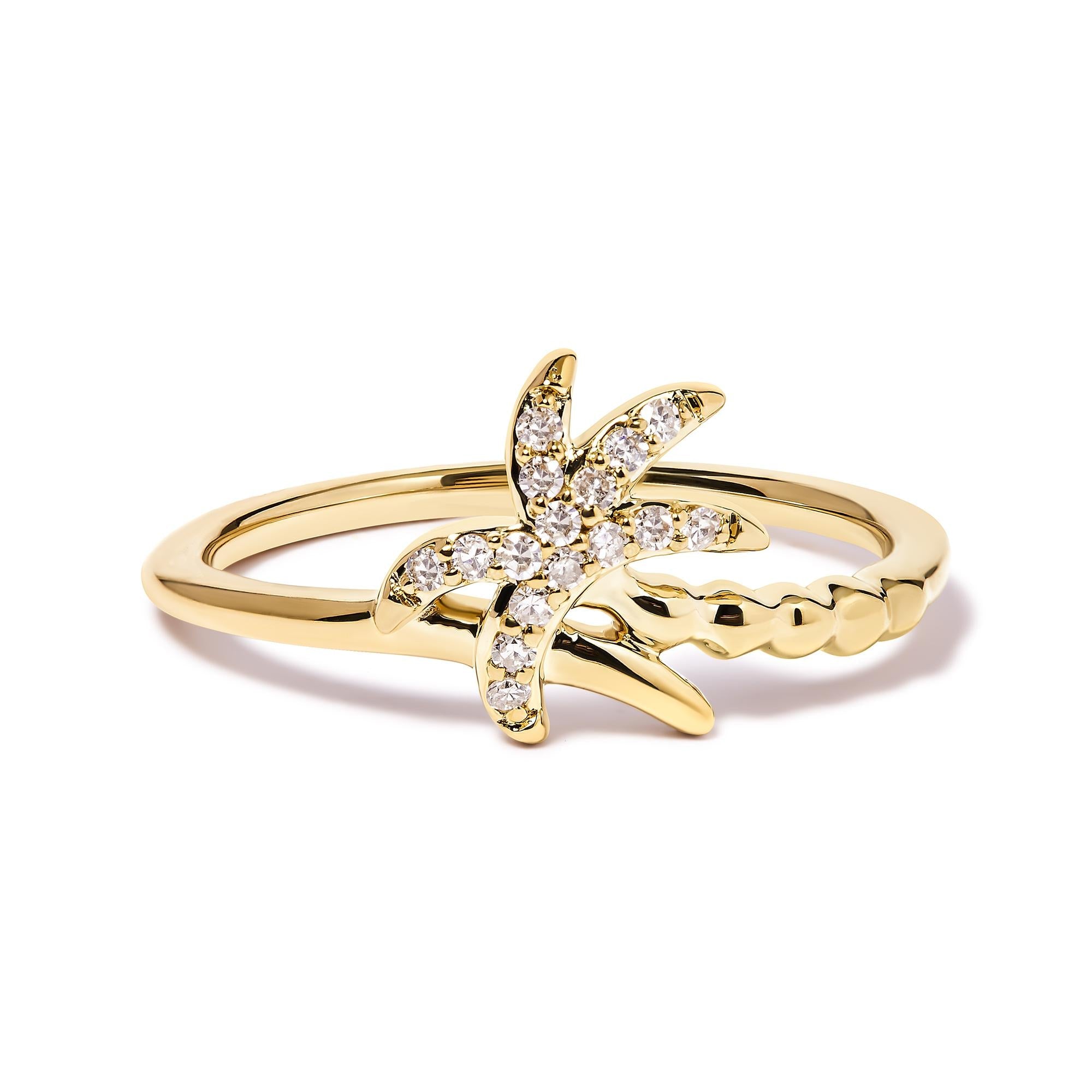 10K Yellow Gold 1/10 Cttw Diamond Palm Tree Statement Ring (H-I Color, I1-I2 Clarity) - Friggin Jewelry