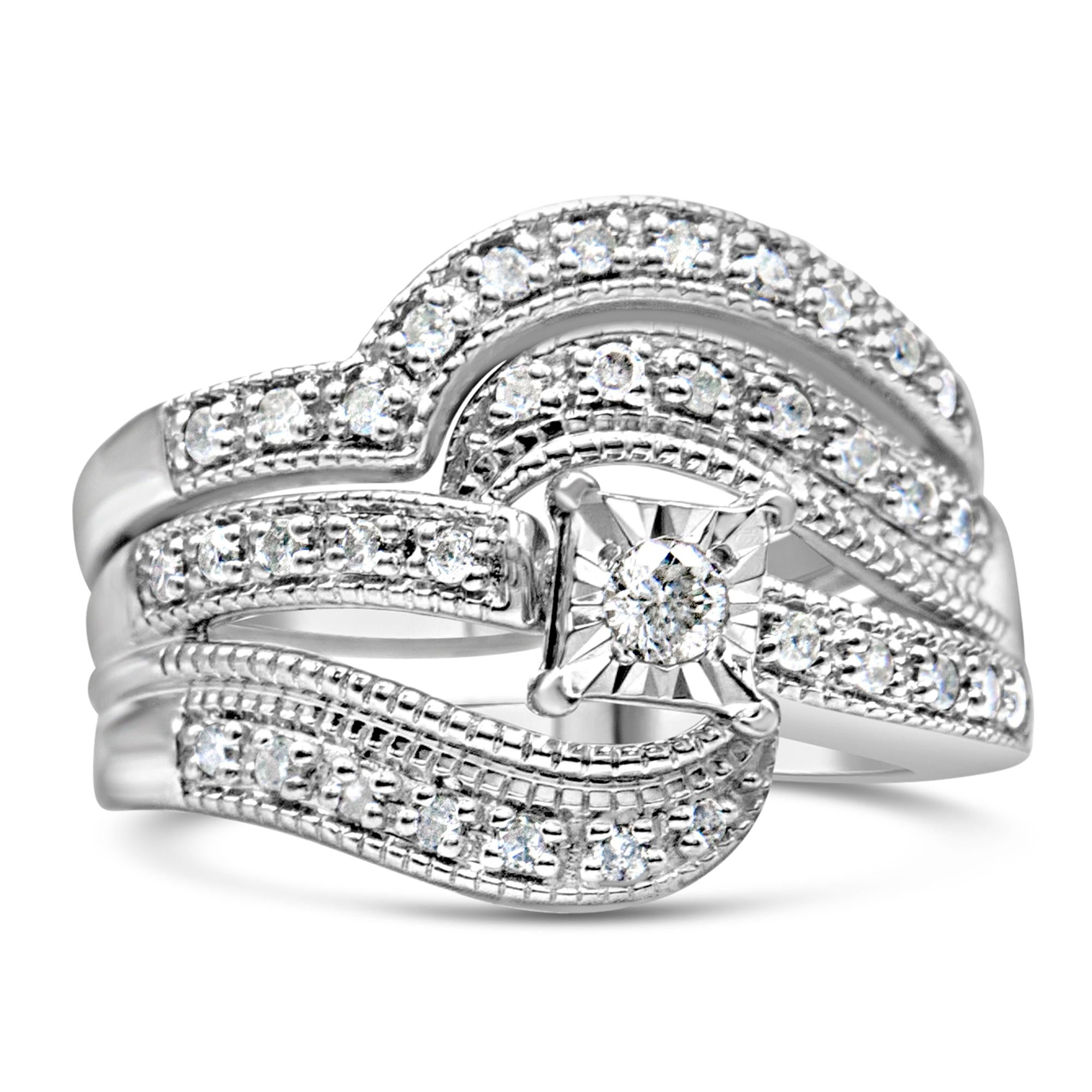.925 Sterling Silver 1/3 Cttw Round Diamond Crisscross Engagement Ring Bridal Set (H-I Color, I1-I2 Clarity ) - Friggin Jewelry