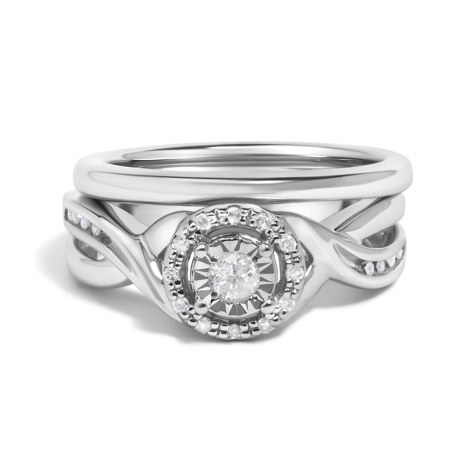 Anillo de compromiso y alianza de boda en plata de ley 925 con halo de diamantes de 1/7 quilates (color IJ, claridad I3) - Friggin Jewelry