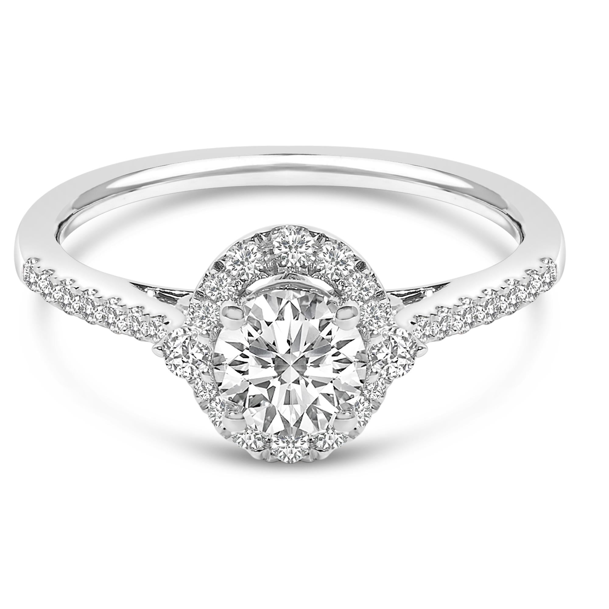 Anello di fidanzamento con alone ovale in oro bianco 14 carati con diamanti coltivati in laboratorio da 1,00 ct (colore FG, purezza VS1-VS2) - Friggin Jewelry
