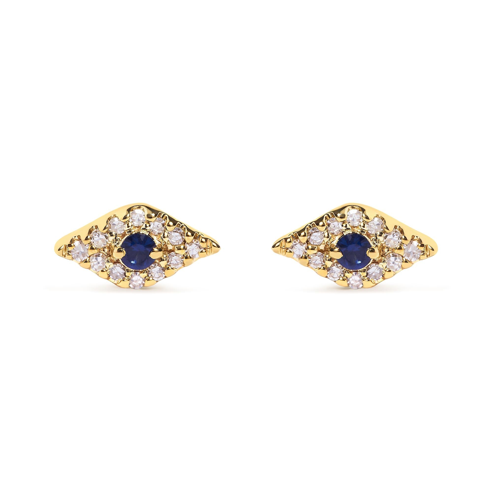 10K Yellow Gold Blue Sapphire and Diamond Accent Evil Eye Stud Earring (H-I Color, I1-I2 Clarity) - Friggin Jewelry