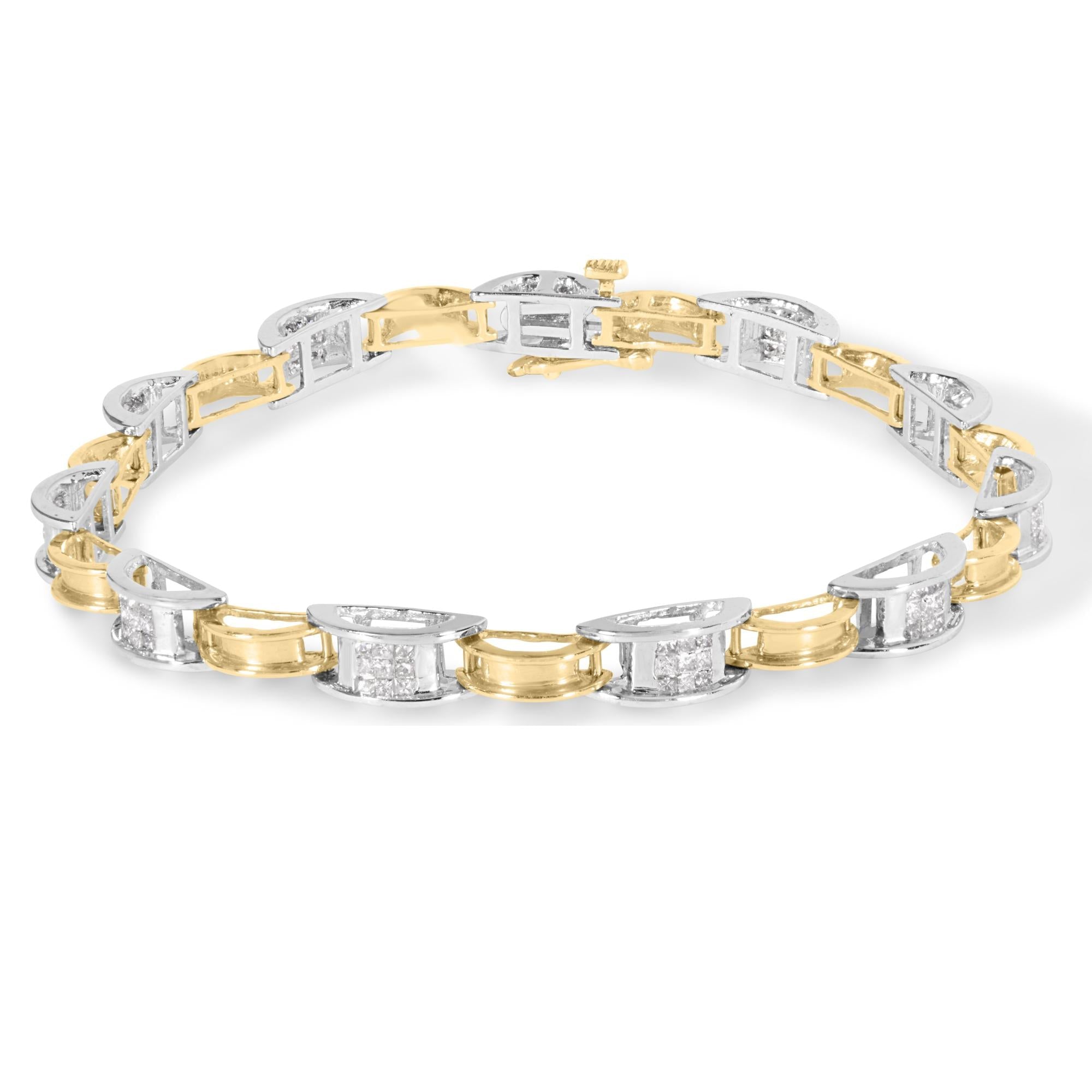 Bracciale a catena con maglie in oro bicolore 14K e diamanti taglio principessa da 1,00 ct, lunghezza 7 pollici (colore HI, purezza SI1-SI2) - Friggin Jewelry