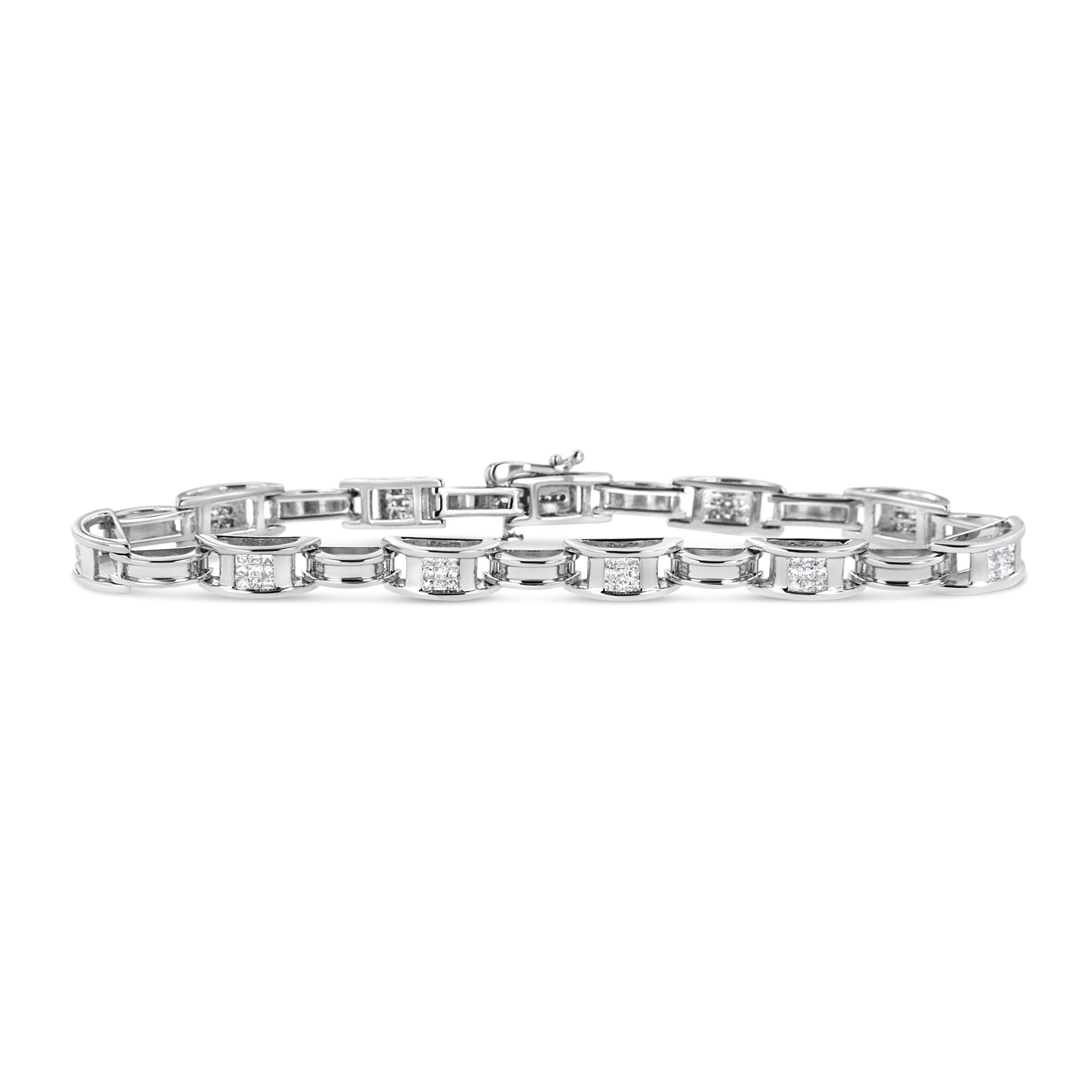 14K White Gold 1.0 Cttw Invisible Set Princess Diamond Alternating Link Tennis Bracelet (I-J Color, I1-I2 Clarity) - 7.25" - Friggin Jewelry