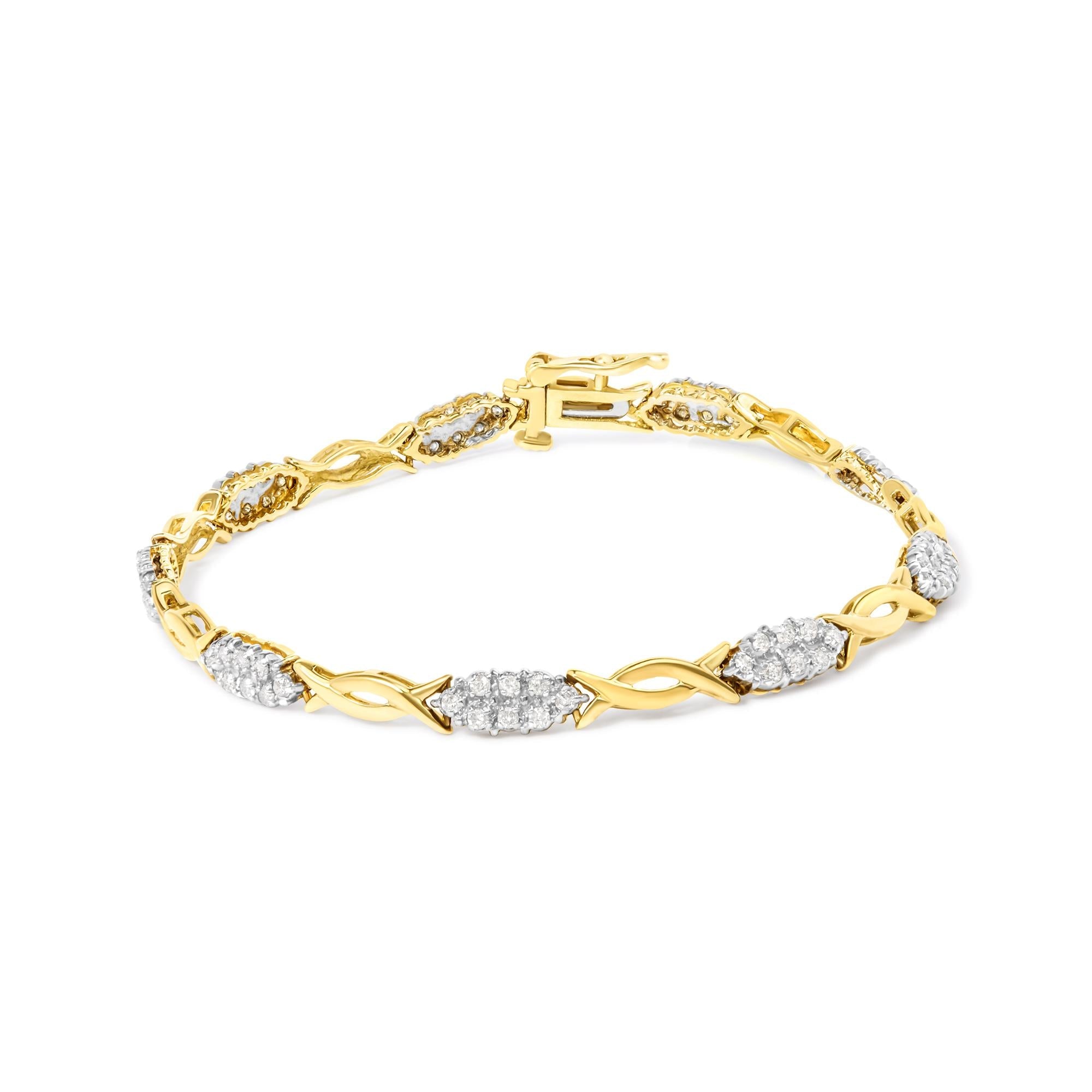 Pulsera de oro amarillo de 10 quilates con eslabones en espiral y diamantes de talla redonda de 1,00 quilates (color HI, claridad I2-I3) - Friggin Jewelry