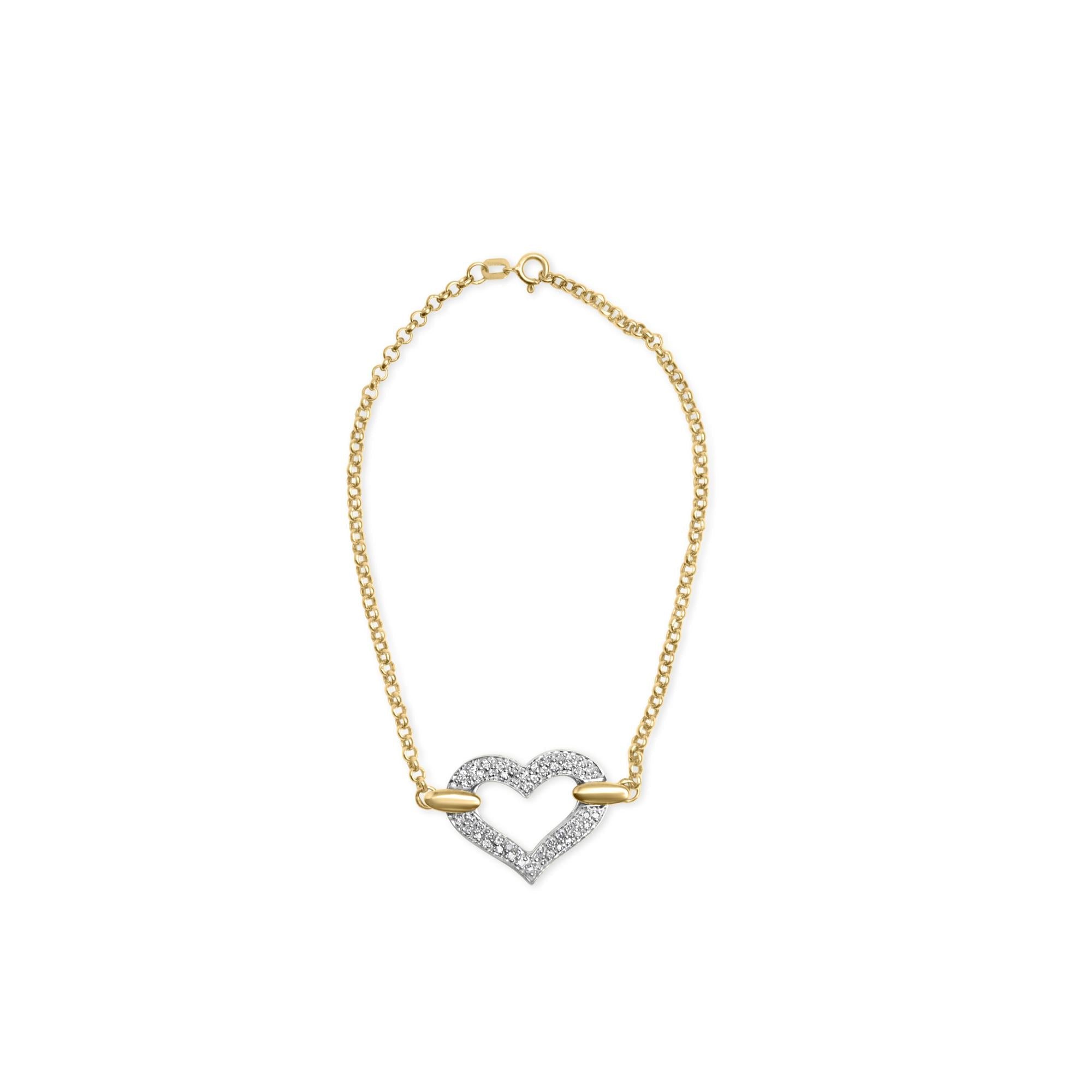 10K Two Tone Gold 1/4 Cttw Diamond Encrusted Heart Charm 7" Bracelet (H-I Color, I1-I2 Clarity) - Friggin Jewelry