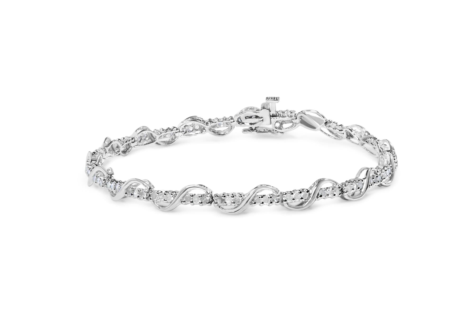 Bracciale tennis in oro bianco 10 carati con diamanti taglio rotondo da 1,00 ct e maglie a spirale (colore HI, purezza I3) - 7 pollici - Friggin Jewelry