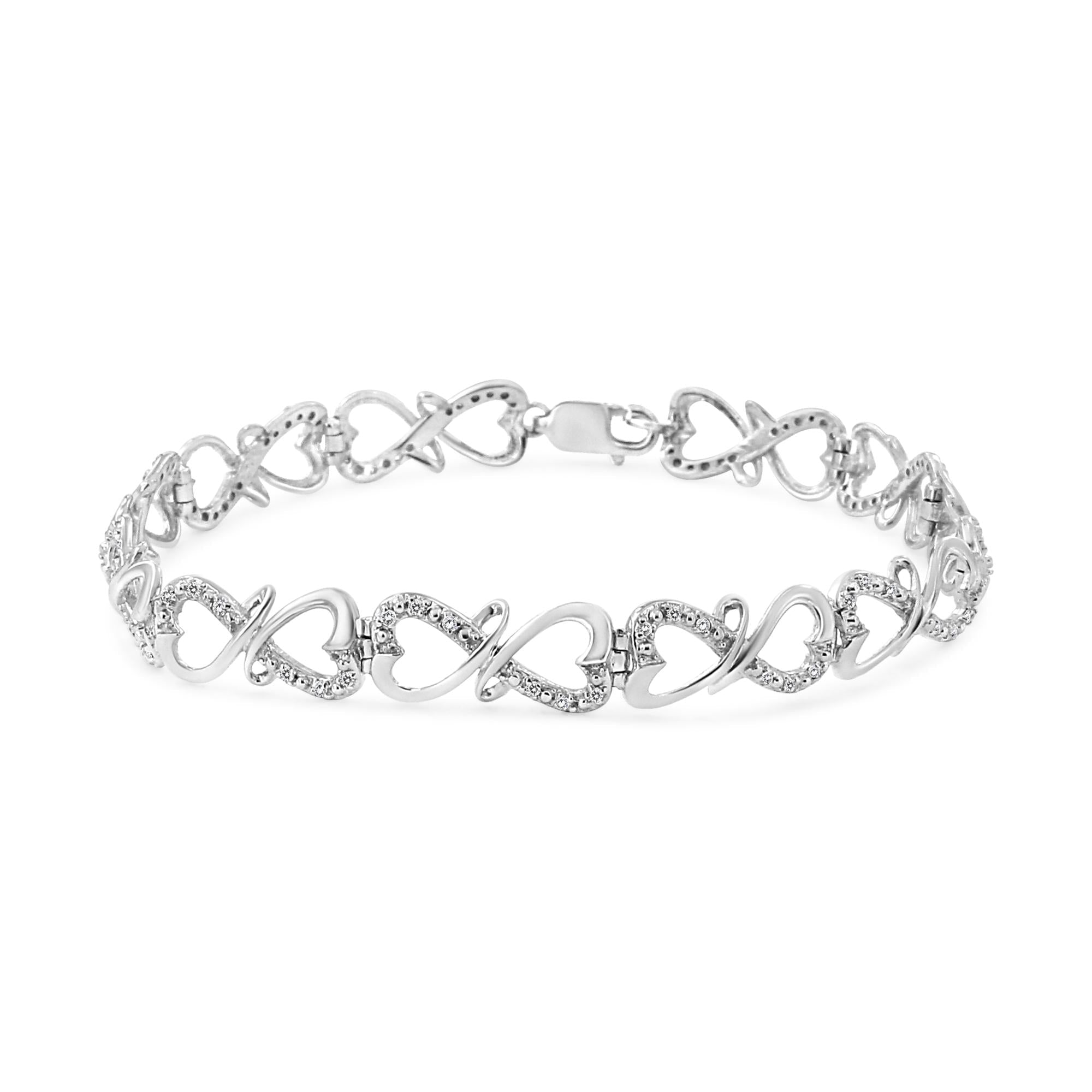 .925 Sterling Silver 1/3 Cttw Round-Cut Diamond Double Heart Infinity Link 7.25" Bracelet (H-I Color, I3 Clarity) - Friggin Jewelry