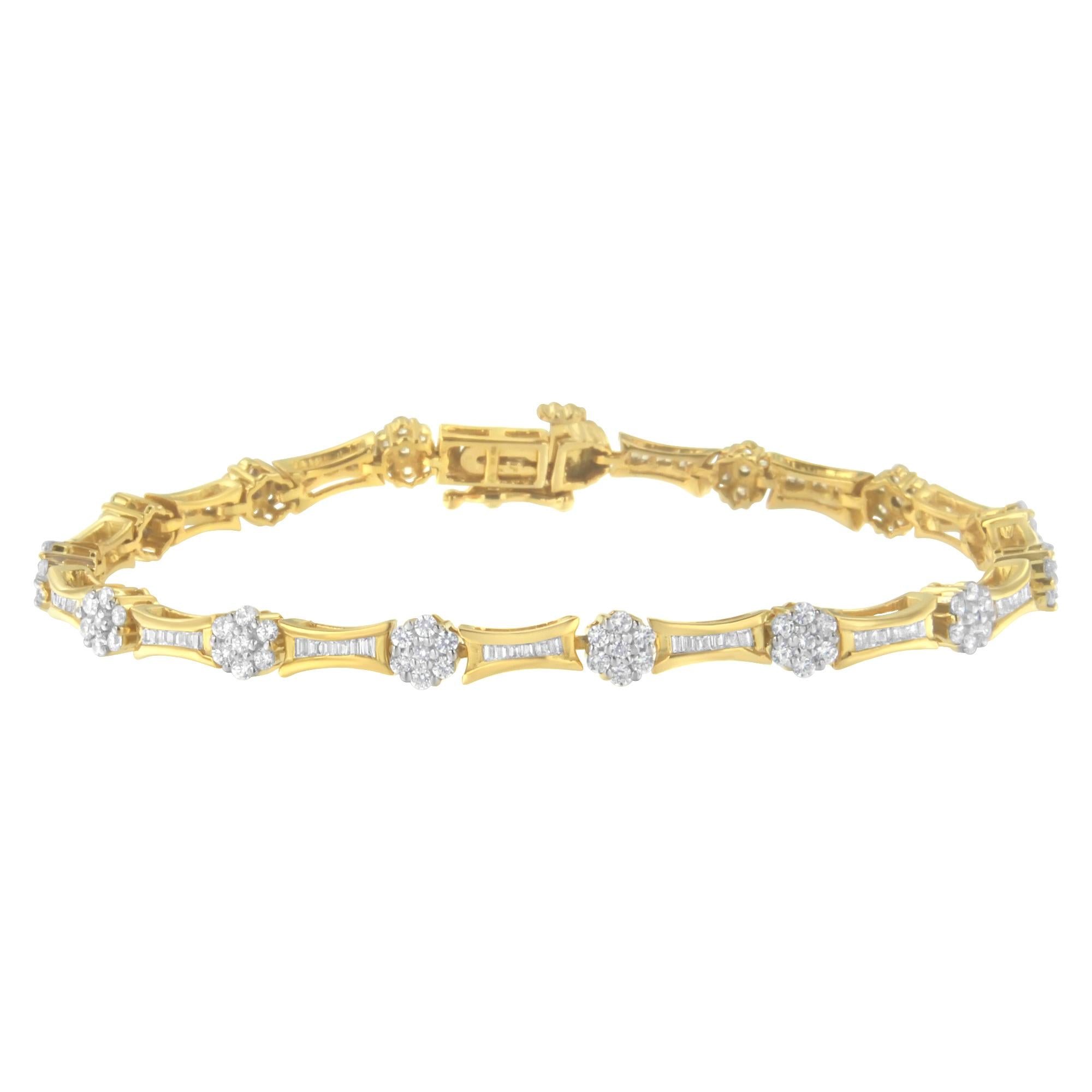 Pulsera de oro amarillo y blanco de 10 quilates con eslabones de diamantes redondos y talla baguette de 2,00 cts (color IJ, claridad I2-I3) - Talla 7,25" - Friggin Jewelry