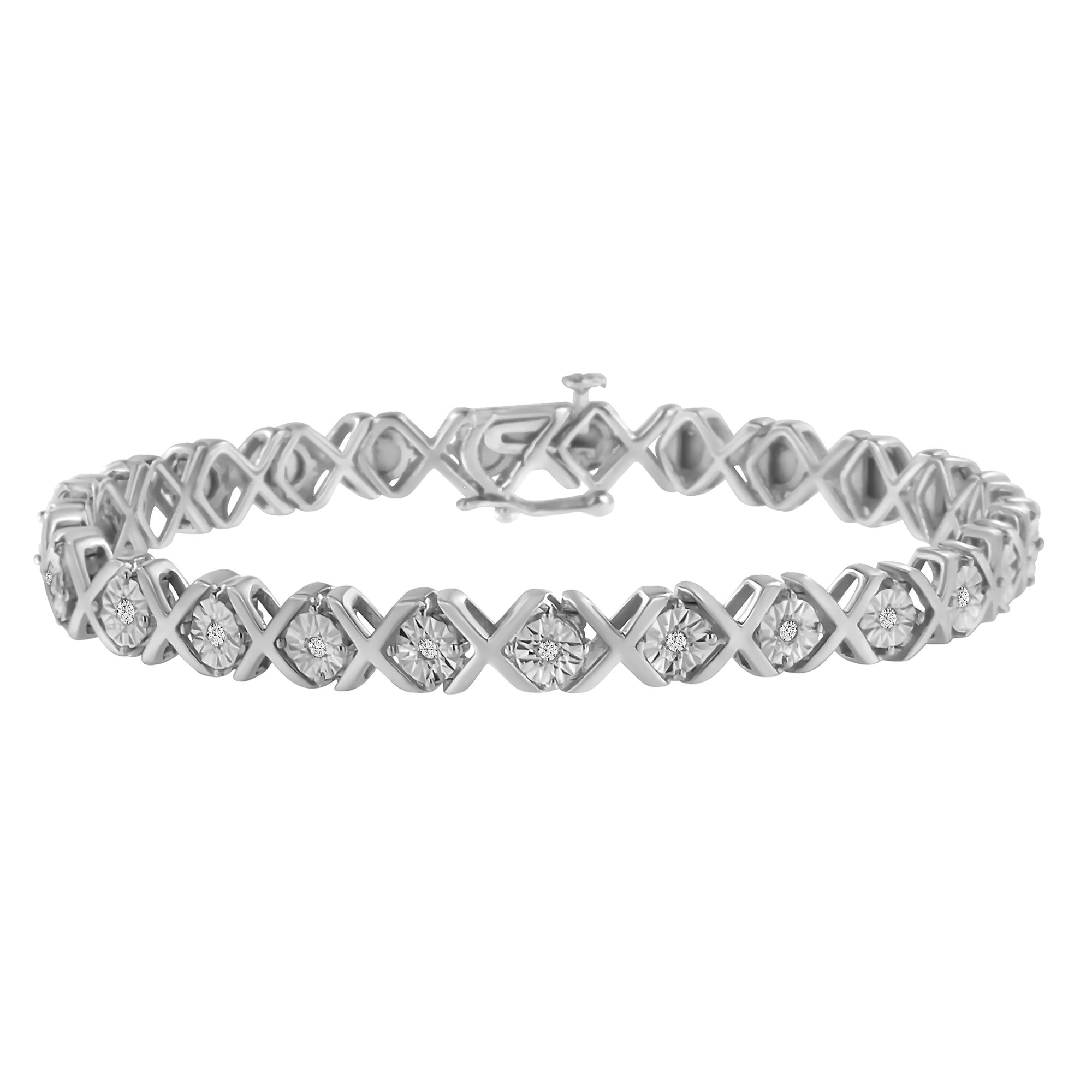 .925 Sterling Silver 1/10 cttw Miracle-Set Round-Cut Diamond "X" Link Tennis Bracelet (I-J color, I2-I3 clarity) - 7.25" - Friggin Jewelry