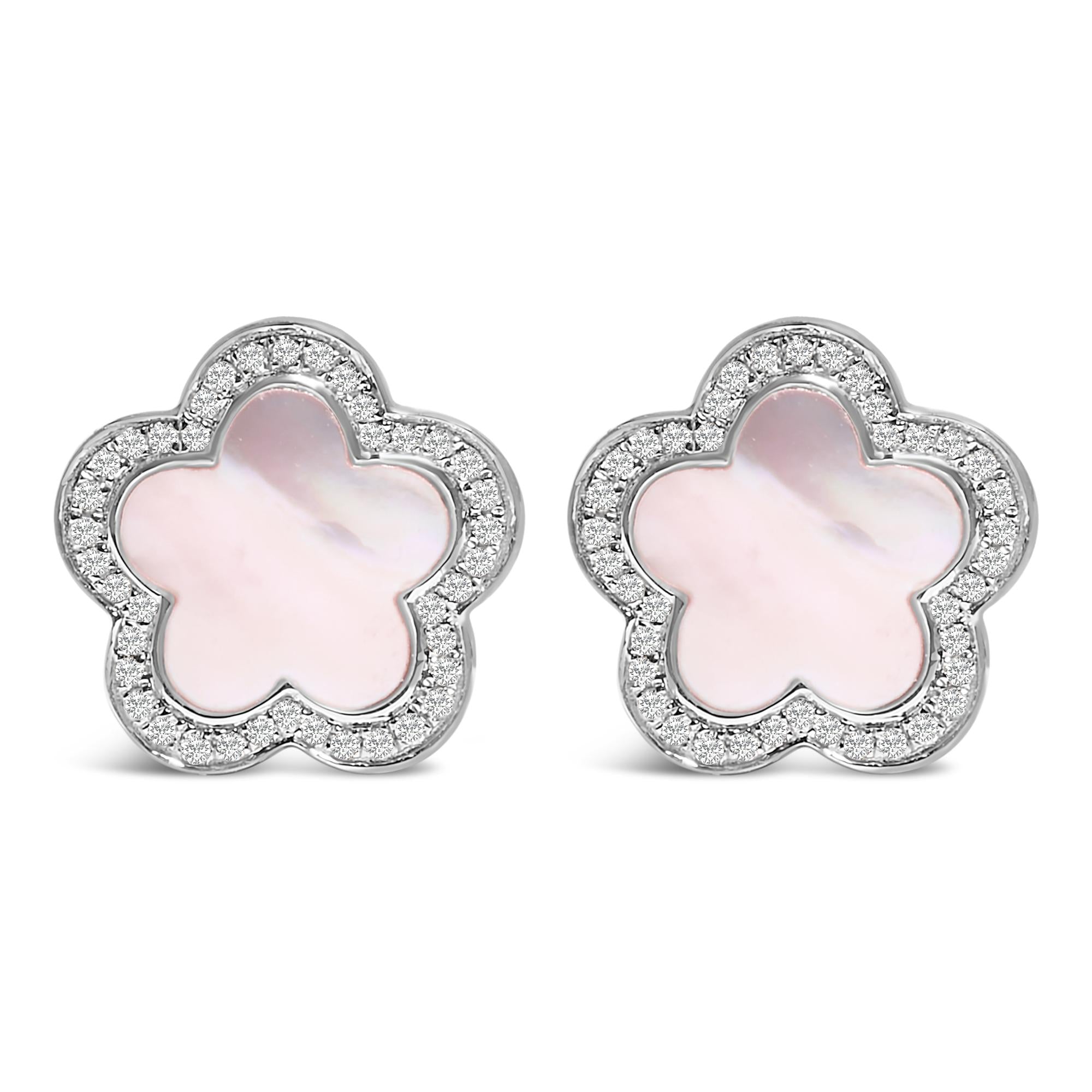 14K White Gold Mother of Pearl and 1/5 Cttw Diamond Halo Star Stud Earrings - Friggin Jewelry Premium