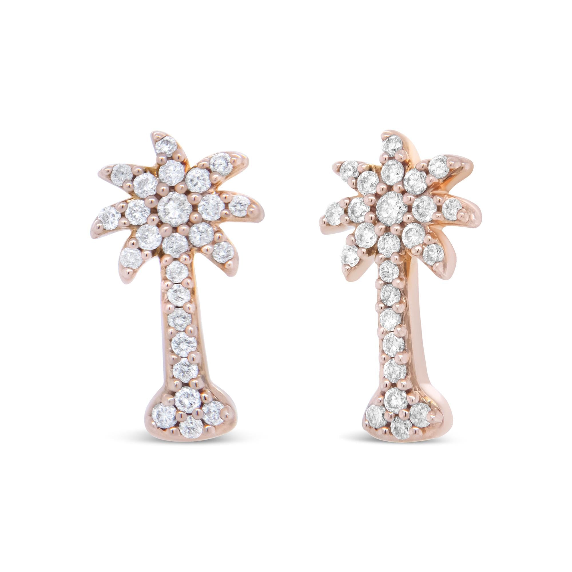 10K Rose Gold 1/4 Cttw Diamond Palm Tree Push Back Stud Earrings (H-I Color, I1-I2 Clarity) - Friggin Jewelry
