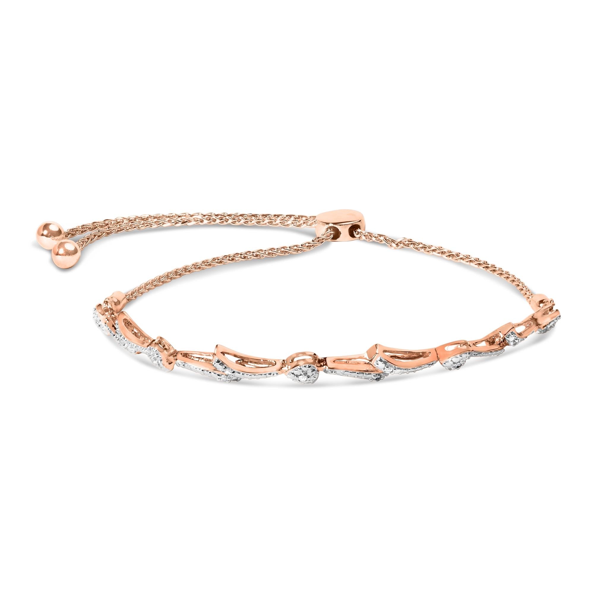 Pulsera bolo de plata de ley 925 con detalles de diamantes y eslabones ondulados (color IJ, claridad I2-I3) - Ajustable de 15 a 23 cm - Friggin Jewelry