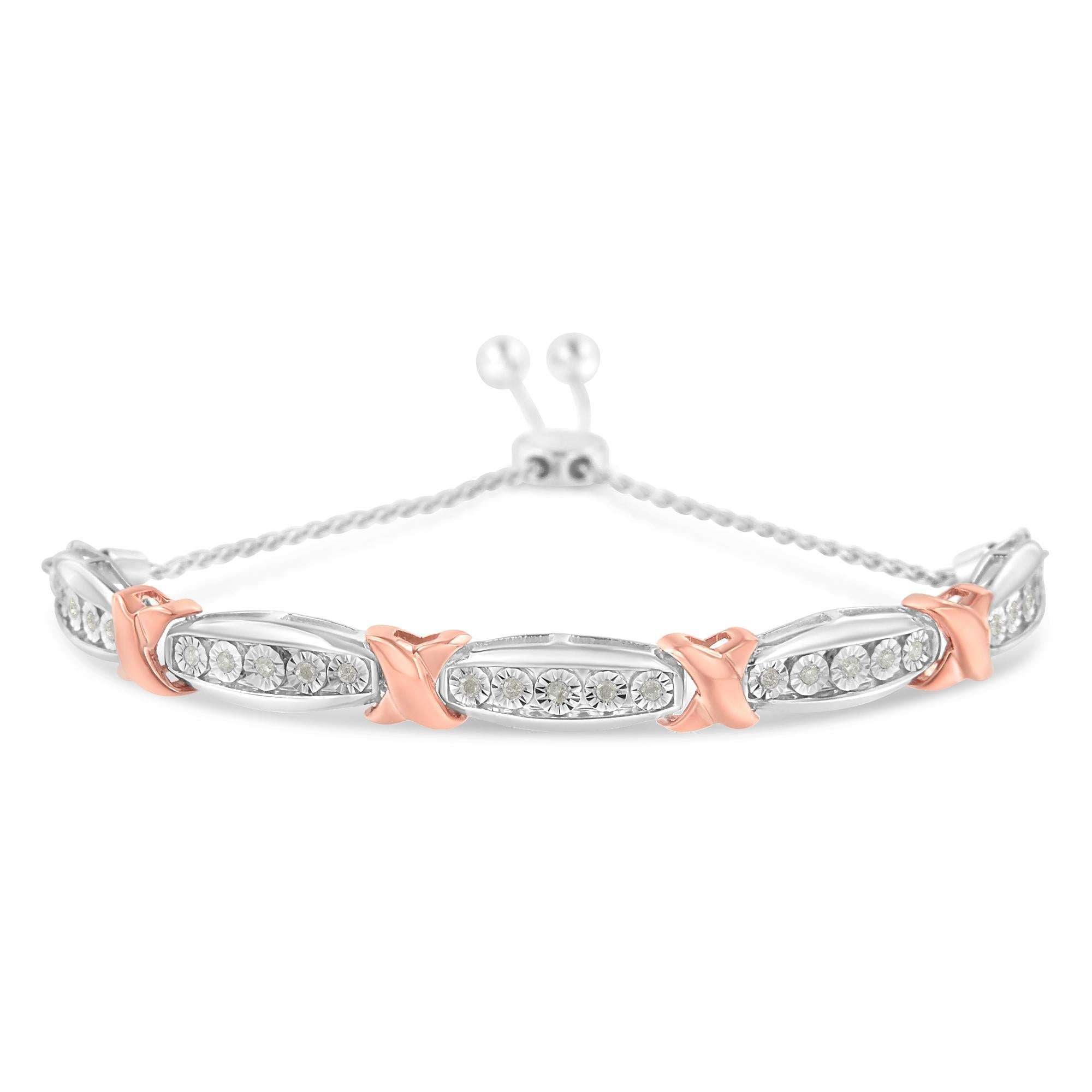 Bracciale Bolo Miracle-Set in argento sterling 925 con diamanti taglio rotondo da 1/4 ct e barra affusolata (colore IJ, purezza I3) - Oro rosa bicolore e argento - Friggin Jewelry