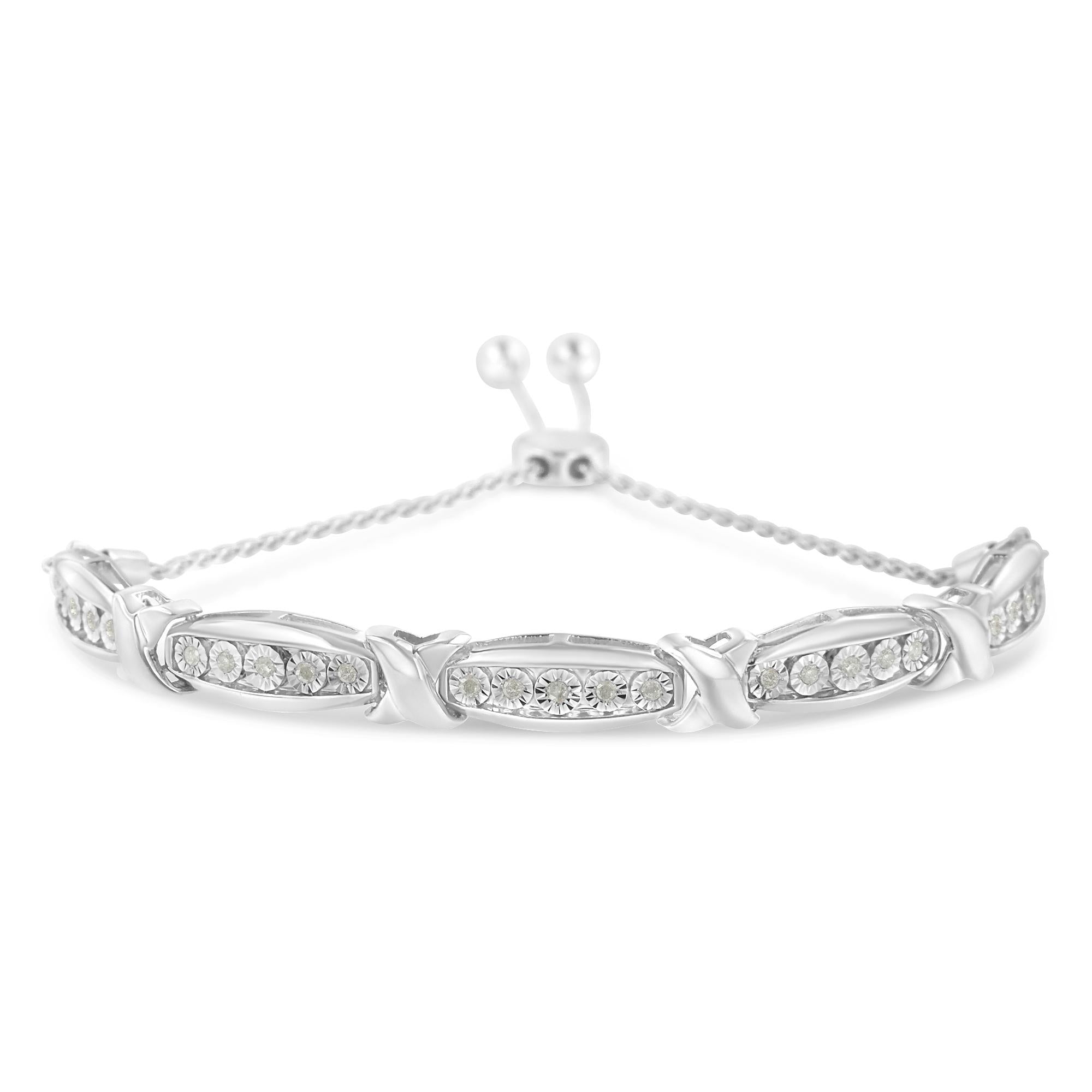 Pulsera bolo con diamantes de talla redonda en forma de X y barra cónica engastada milagrosamente (color IJ, claridad I3) - Plata de ley 925 - Friggin Jewelry