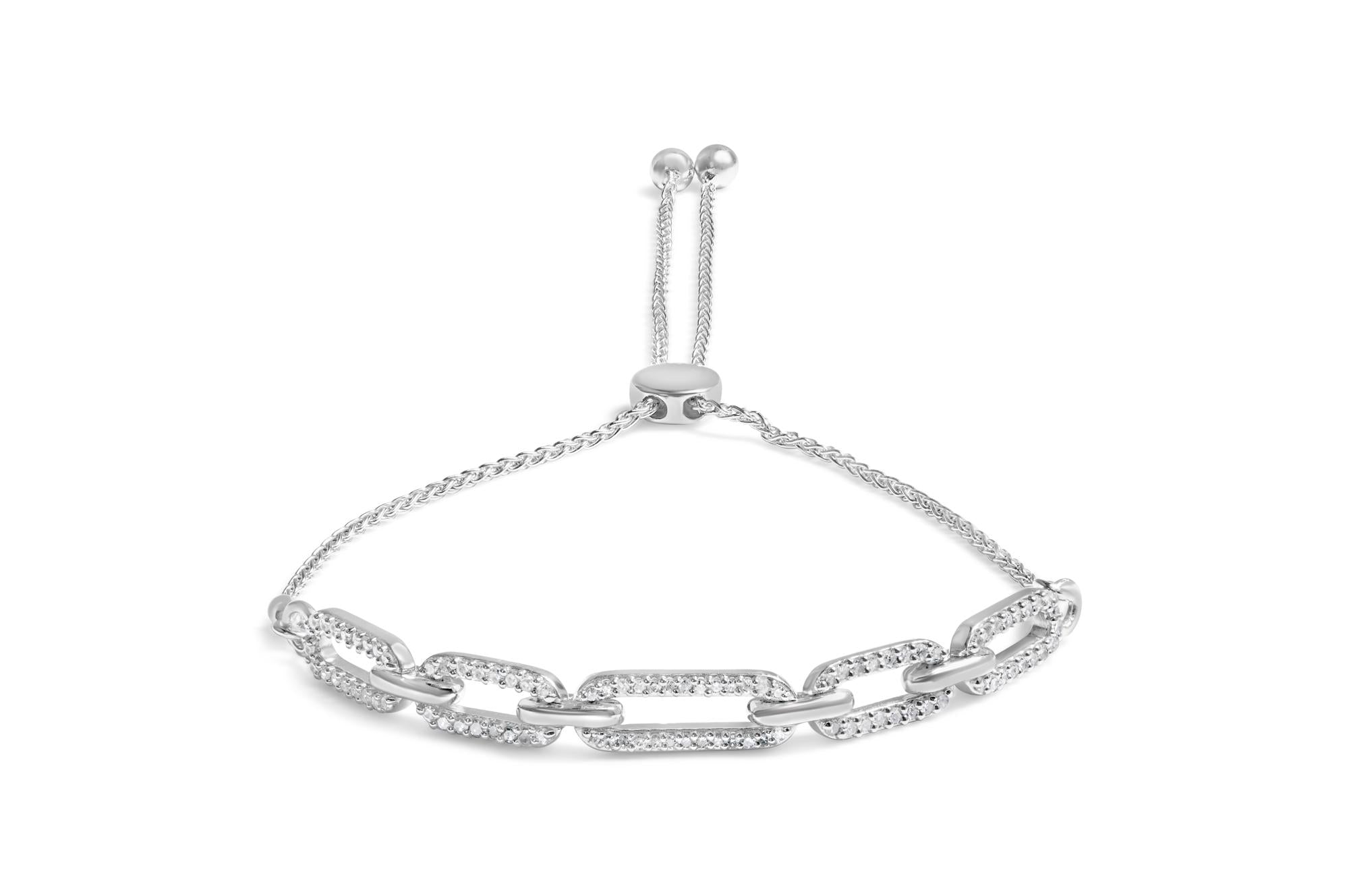 .925 Sterling Silver 1/2 Cttw Diamond Paperclip Link Adjustable Bolo Bracelet (G-H Color, SI1-SI2 Clarity) - Friggin Jewelry