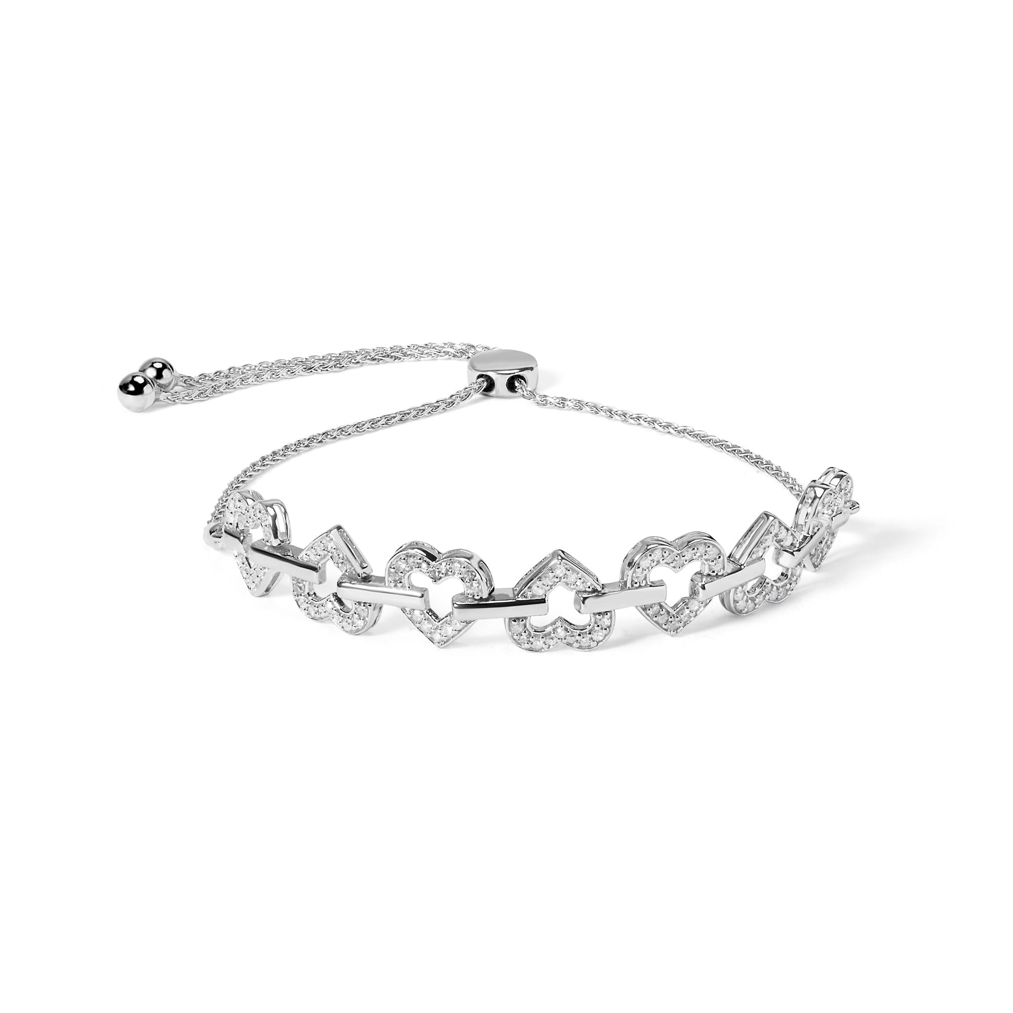 Bracciale Bolo regolabile in argento sterling 925 con diamanti da 1/2 carati e maglie a cuore alternate (colore IJ, purezza I3) - da 4" a 10" pollici - Friggin Jewelry