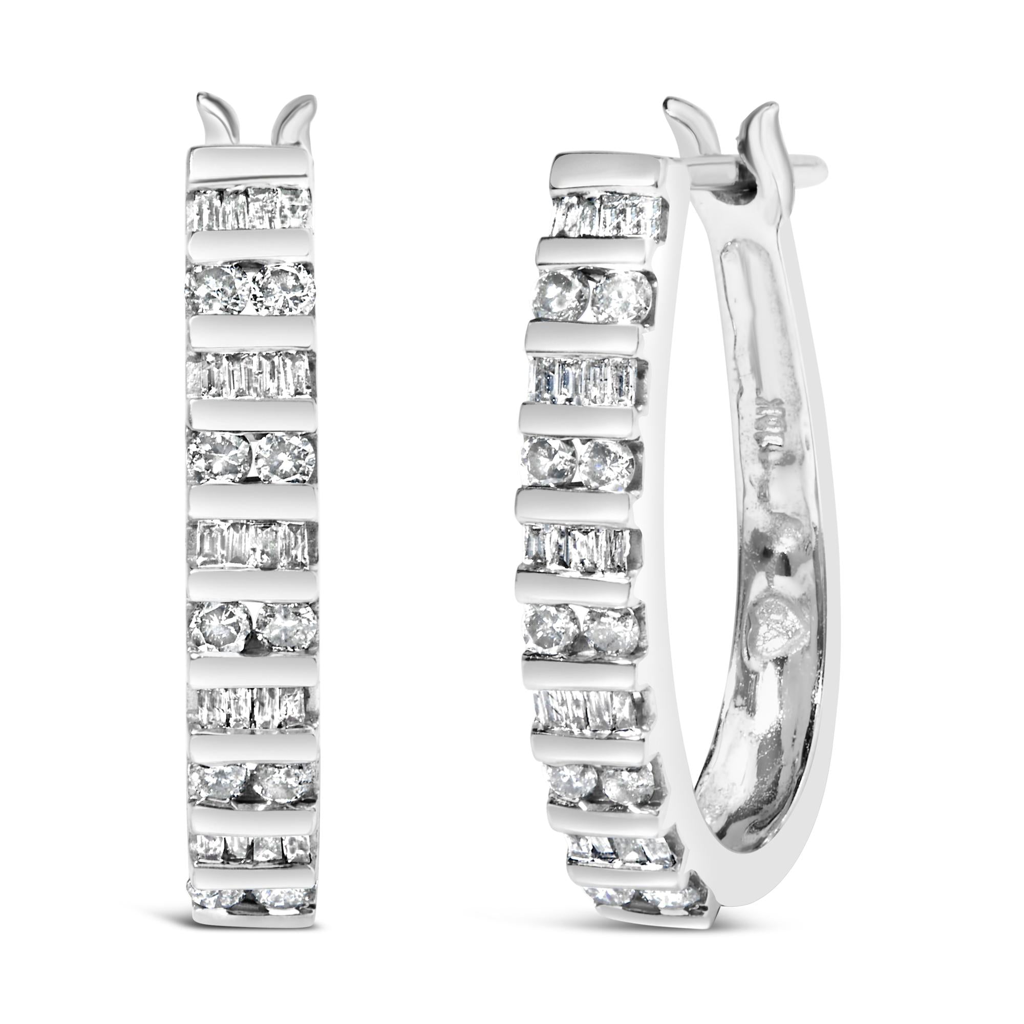 Aros de oro blanco de 10 quilates con diamantes alternados en forma de "U" (color IJ, claridad I2-I3) - Friggin Jewelry