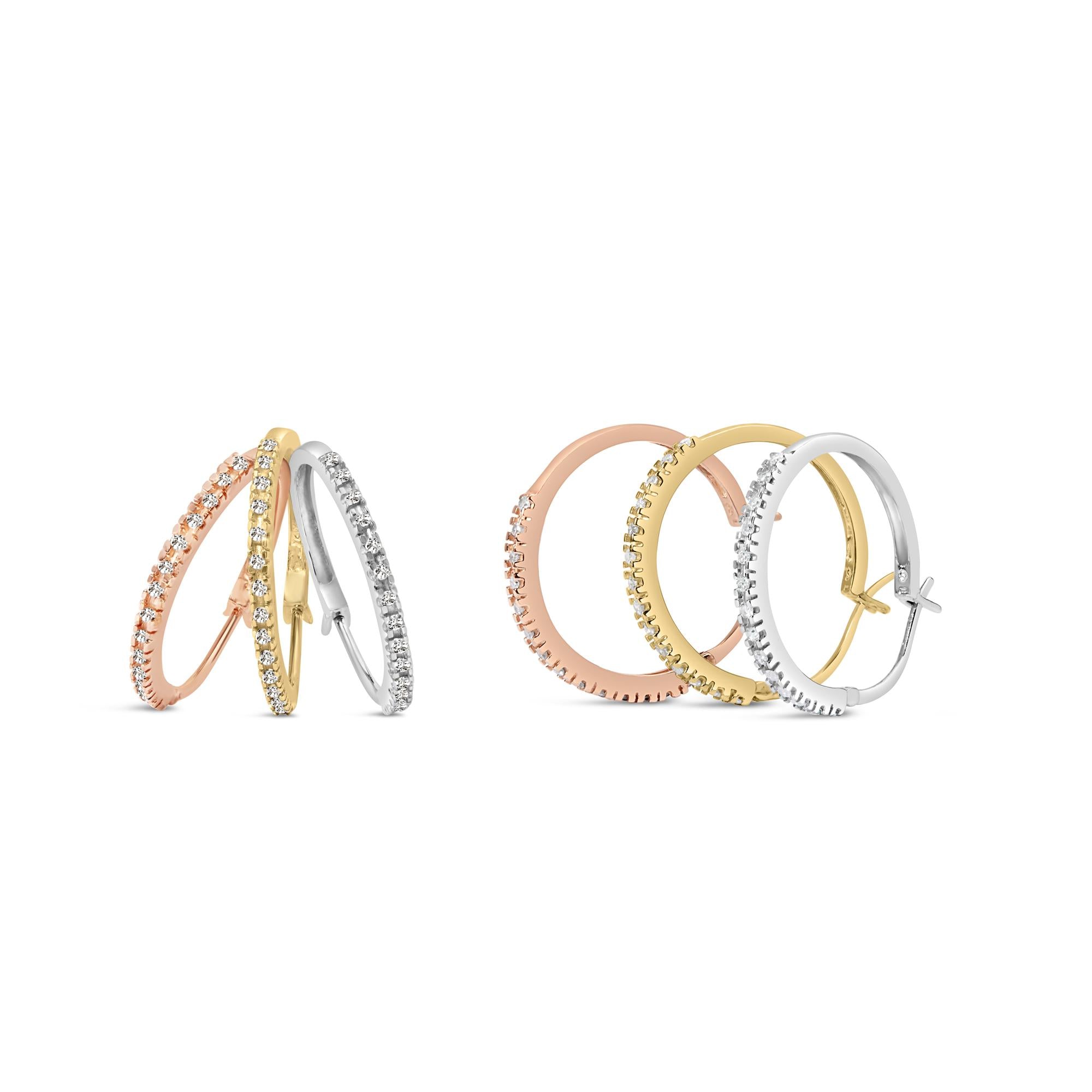 Orecchini a cerchio triplo in oro tricolore 14K con diamanti da 1/3 carati (colore IJ, purezza I2-I3) - 22 mm - Friggin Jewelry