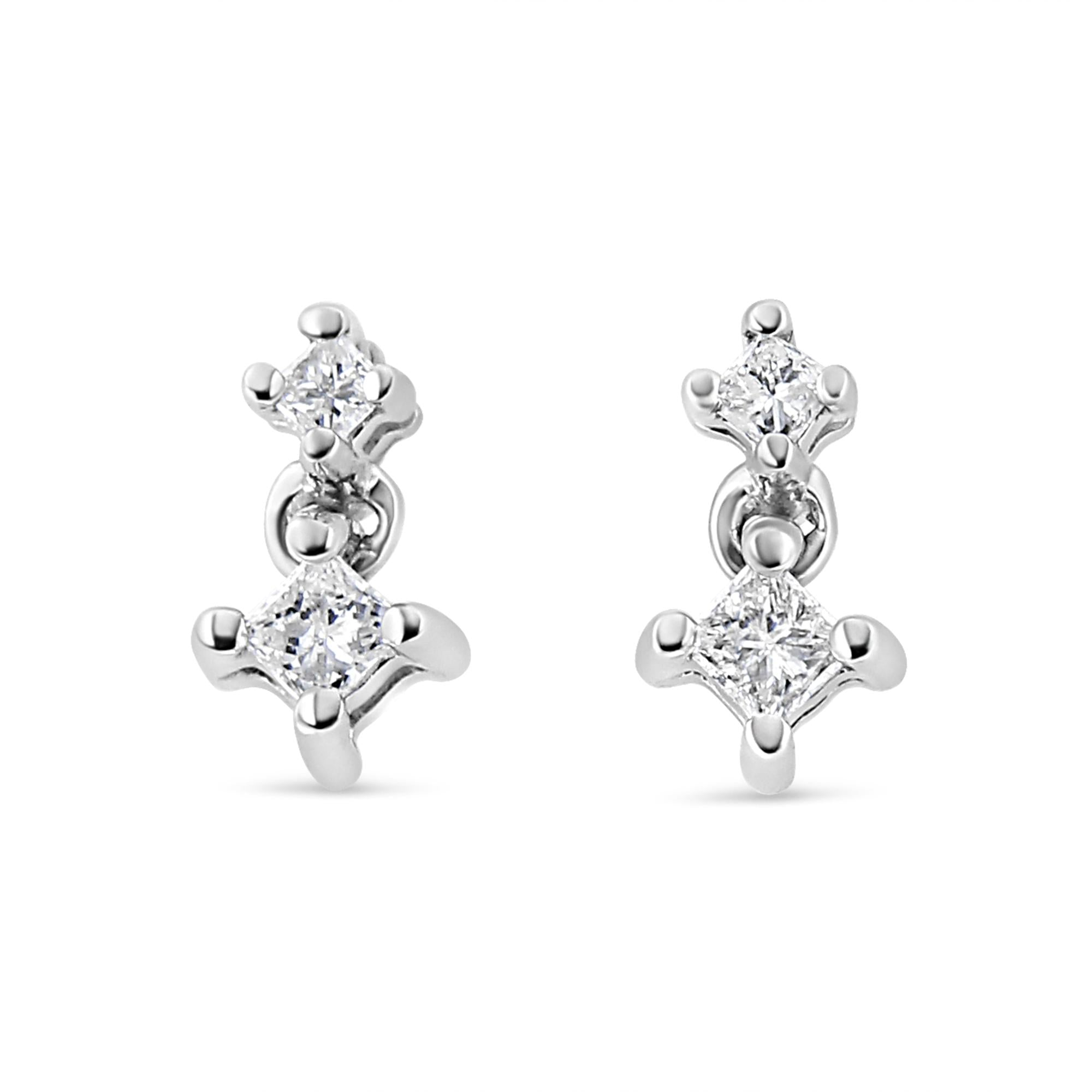 14K White Gold 1/4 Cttw 4 Prong Set Princess-Cut Double Diamond Drop and Dangle Stud Earrings (I-J Color, I2-I3 Clarity) - Friggin Jewelry