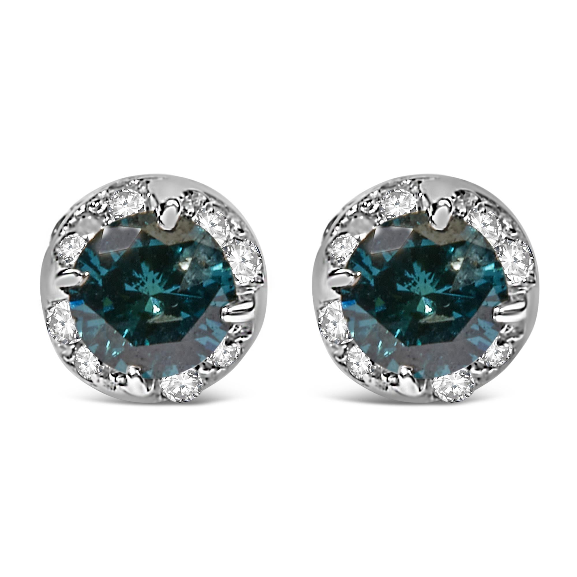 Orecchini in oro bianco 14 carati con diamanti rotondi bianchi e blu trattati da 1/2 ct (IJ I2-I3) - Friggin Jewelry