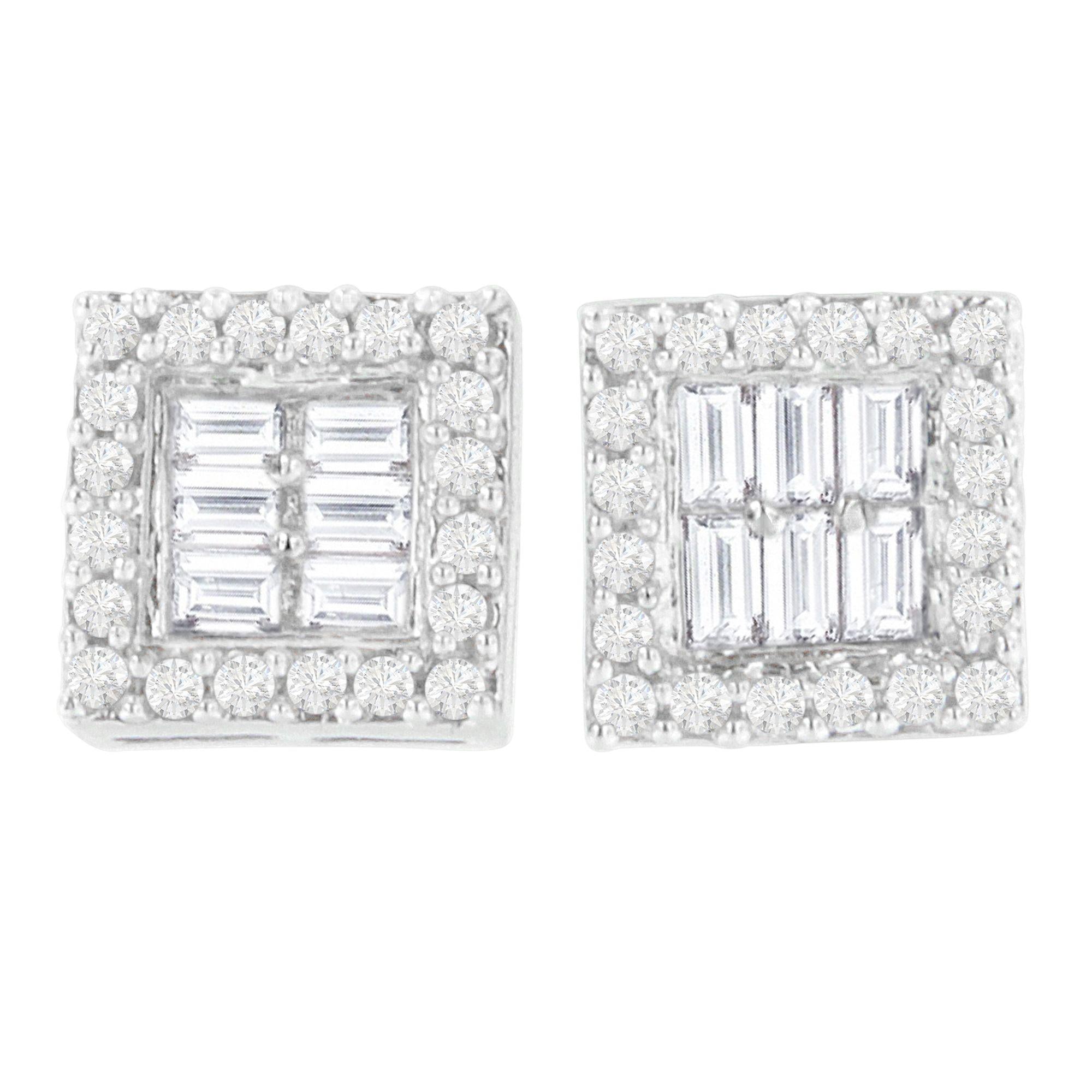 Orecchini a bottone in oro bianco 14 carati con diamanti taglio rotondo e baguette da 1 carato (HI, SI1-SI2) - Friggin Jewelry