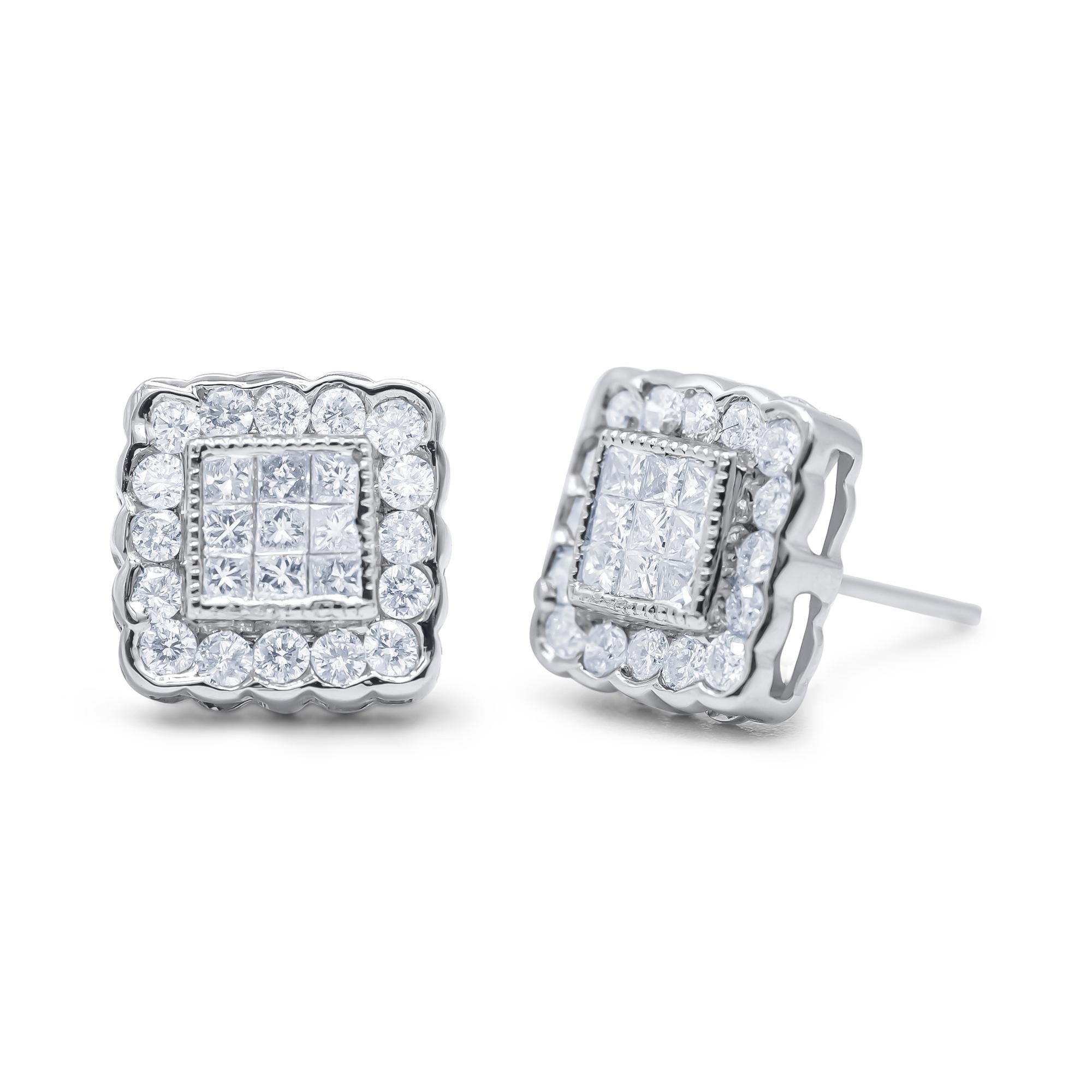 Orecchini a bottone con alone quadrato con cornice a bordo smerlato e diamanti taglio brillante e principessa da 1,0 ct in oro bianco 14 carati (colore GH, purezza SI1-SI2) - Friggin Jewelry