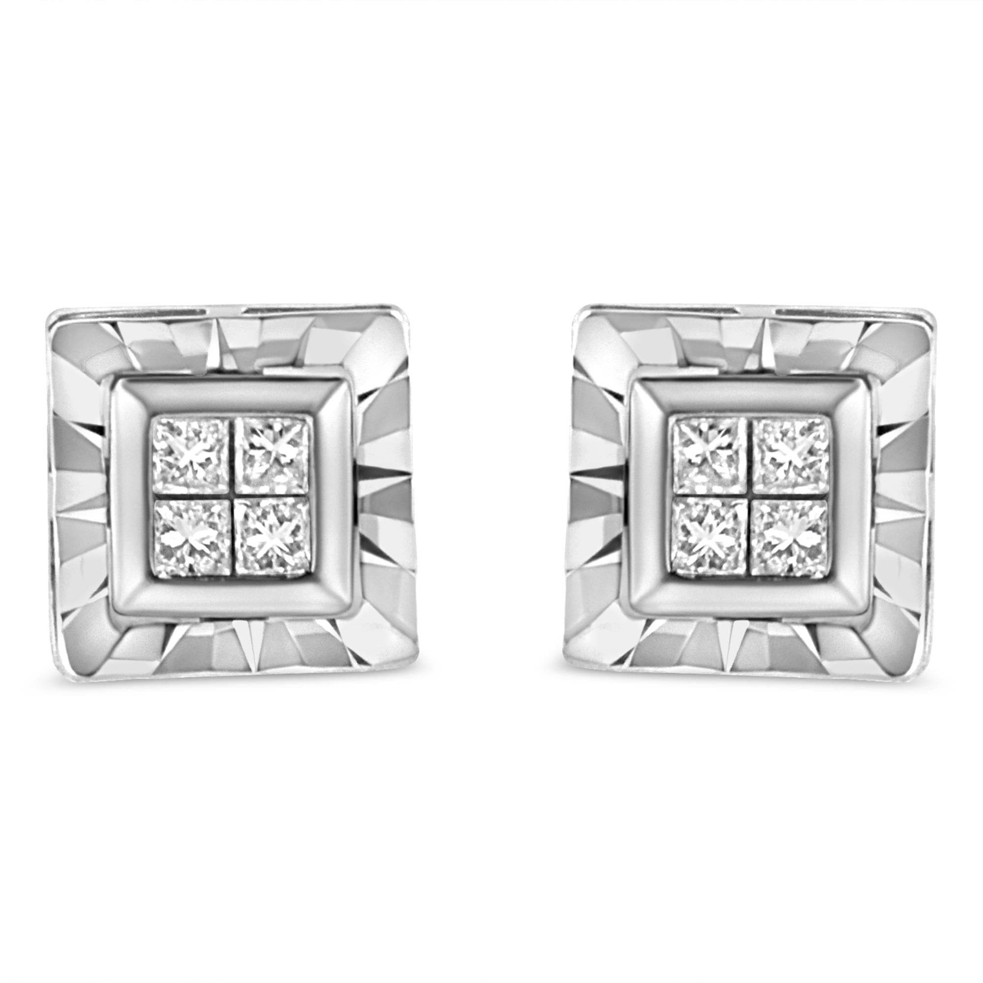 .925 Sterling Silver 1/6 Cttw Invisible Set Princess-Cut Diamond Quad Composite Stud Earrings (H-I Color, I1-I2 Clarity) - Friggin Jewelry