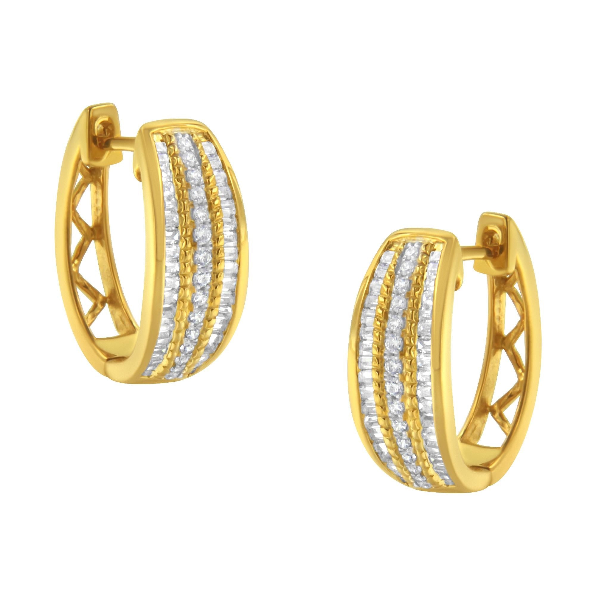 Aros modernos de oro amarillo de 10 quilates con diamantes engastados en pavé y canal de 3/4 quilates (color IJ, claridad I2-I3) - Friggin Jewelry