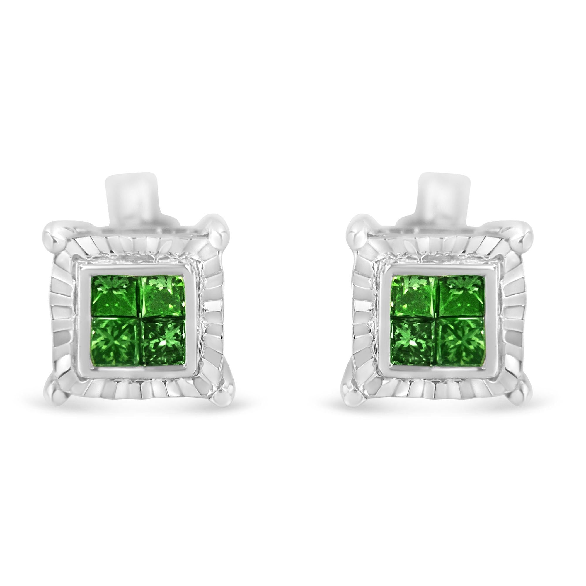 Sterling Silver Color Treated Princess Diamond Quad Stud Earring (1/2 cttw, Green Color, I1-I2 Clarity) - Friggin Jewelry
