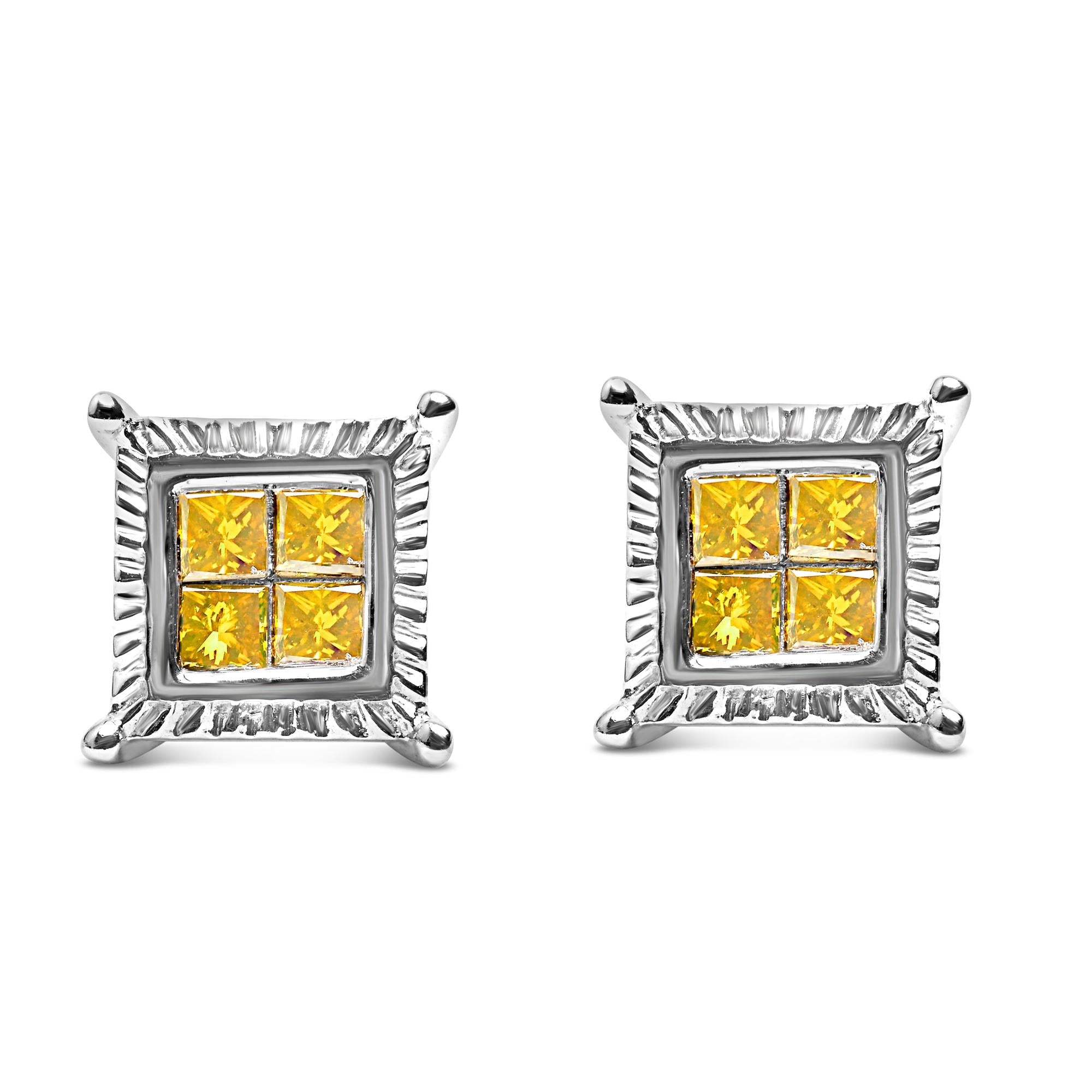 Pendientes de botón de cuatro diamantes princesa amarillos de 1/2 quilates en plata de ley 925 - Friggin Jewelry