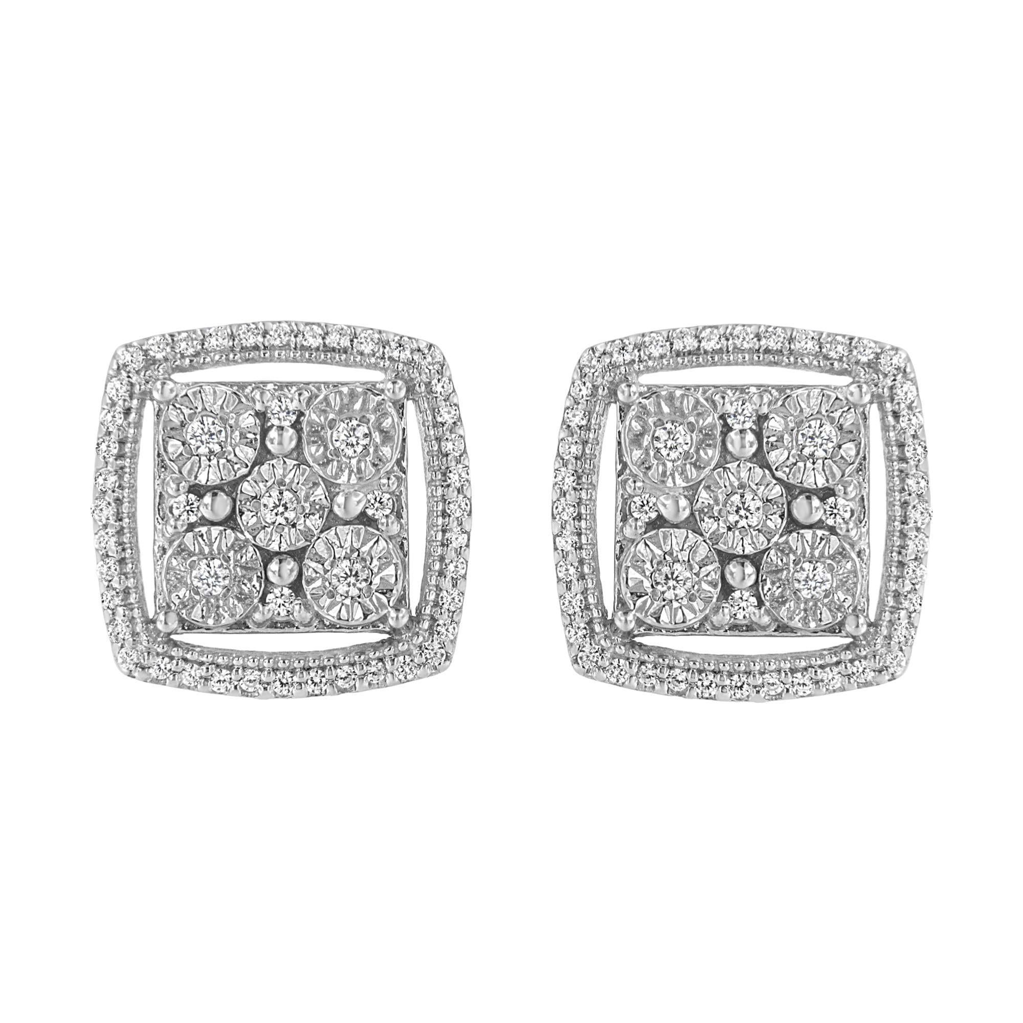 .925 Sterling Silver 3/8 Cttw Miracle Set Round Diamond Double Halo Cluster Earrings (I-J Color, I2-I3 Clarity) - Friggin Jewelry
