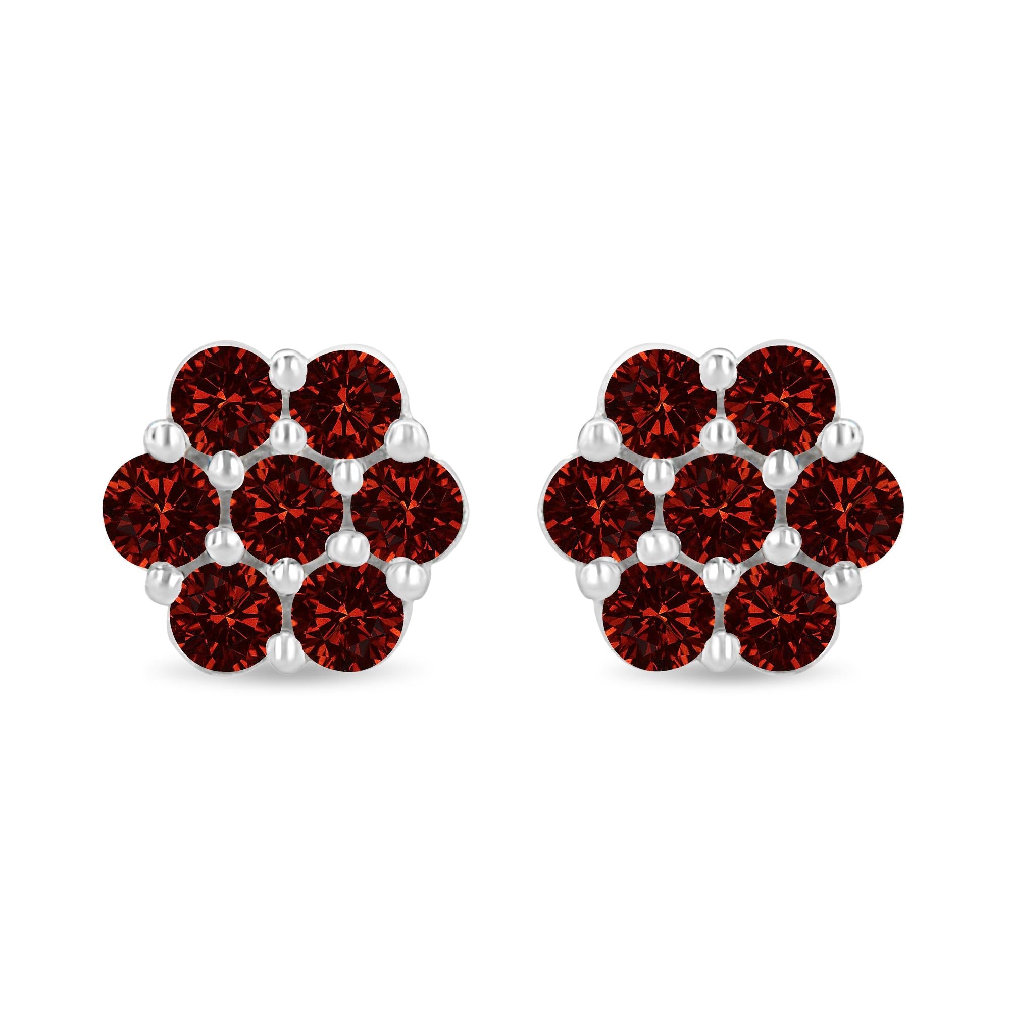 14K White Gold 1.0 Cttw Treated Red Diamond Prong Set 7 Stone Floral Stud Earrings (Treated Red Color, SI2-I1 Clarity) - Friggin Jewelry