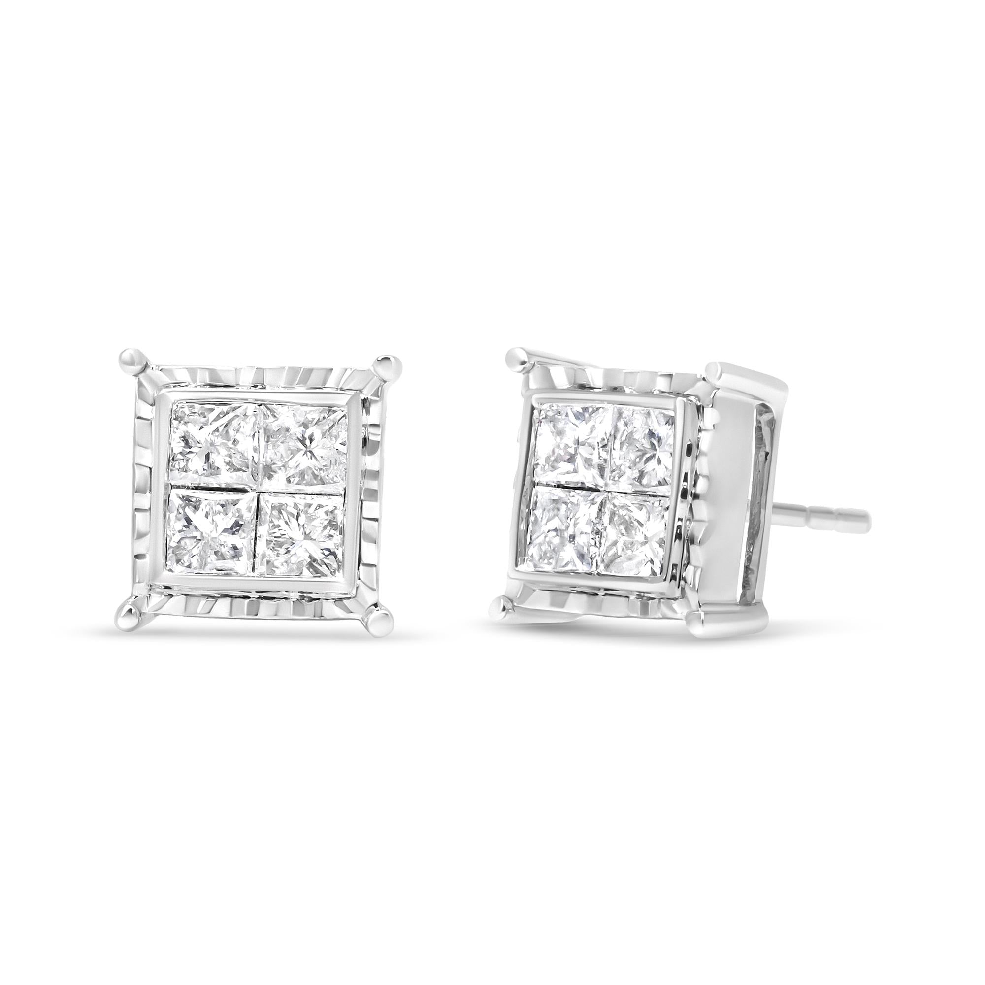 14K White Gold 1 1/2 Cttw Invisible Set Princess-Cut Diamond Contemporary Wavy Quad Stud Earrings (I-J Color, I1-I2 Clarity) - Friggin Jewelry Premium