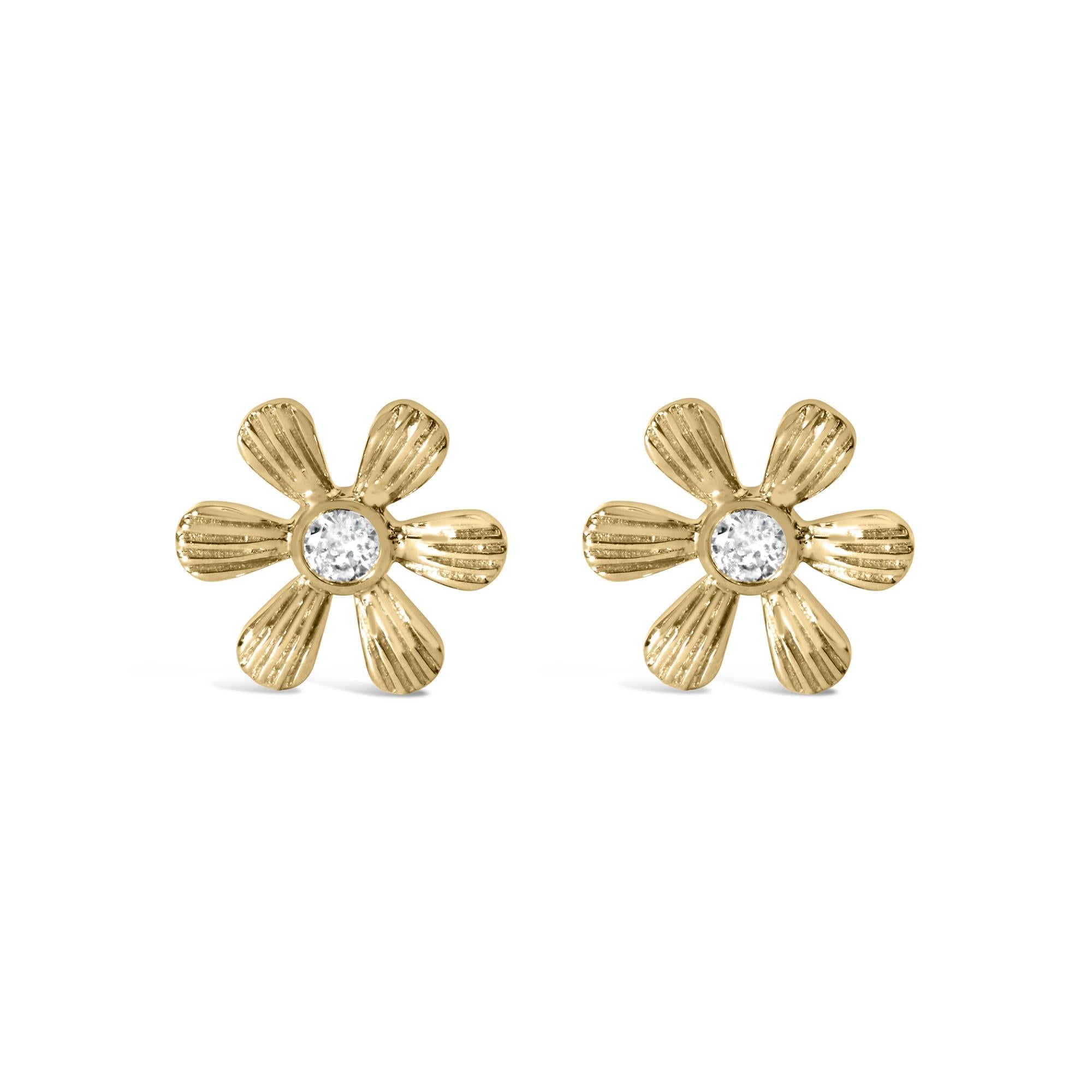 10K Yellow Gold Bezel Set Diamond Accent Hammered Finish Floral Stud Earrings (I-J Color, I1-I2 Clarity) - Friggin Jewelry