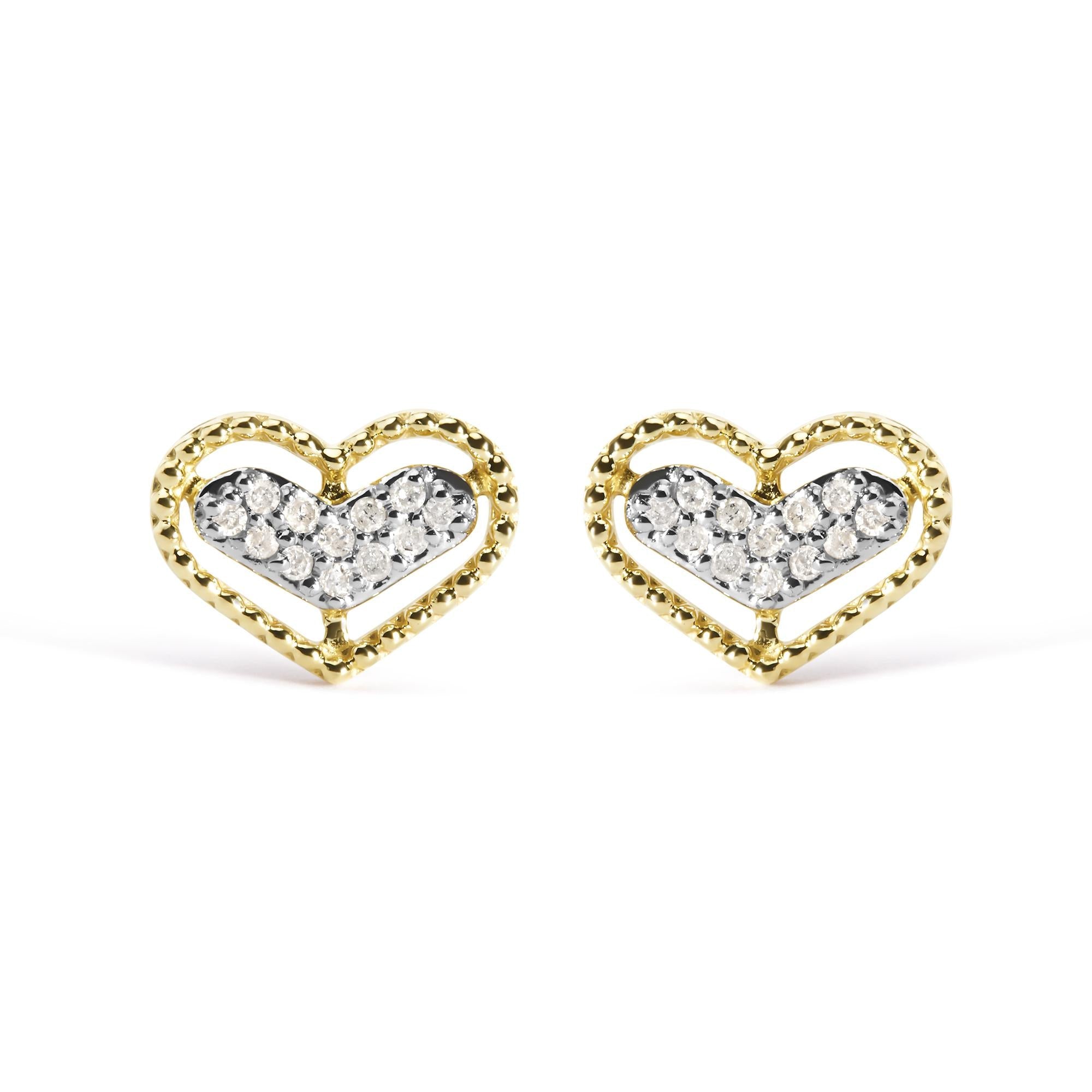 Aretes de oro amarillo de 10 quilates con halo de diamantes de 1/10 quilates y corazón (color IJ, claridad I1-I2) - Friggin Jewelry