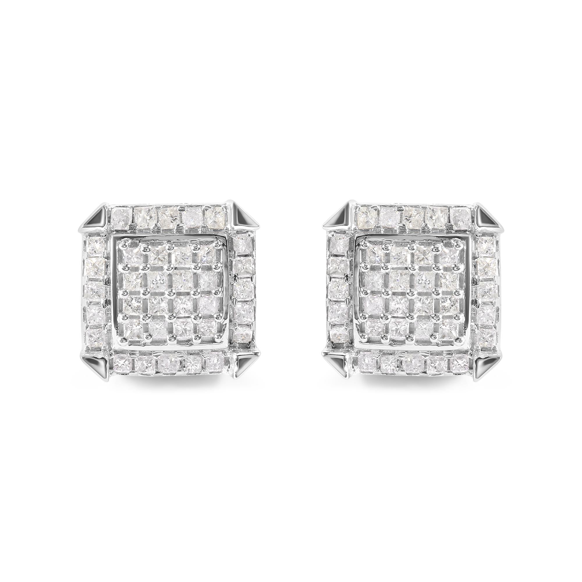 Orecchini a bottone in oro bianco 10 carati con diamanti compositi e alone da 1 1/10 ct (colore IJ, purezza I1-I2) - Friggin Jewelry