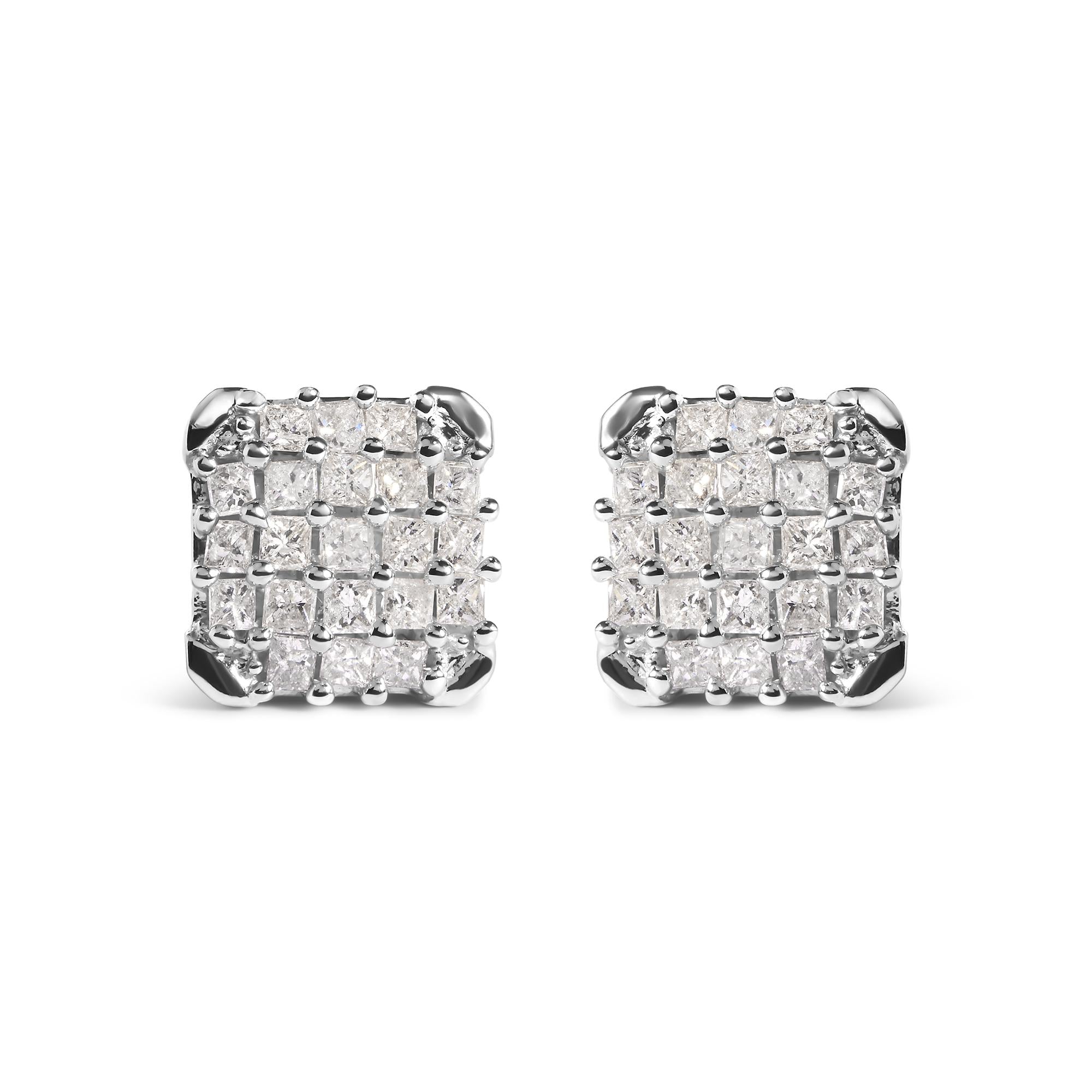 Aretes de oro blanco de 10 quilates con diamantes princesa de 3/4 quilates y montura abierta (color IJ, claridad I1-I2) - Friggin Jewelry