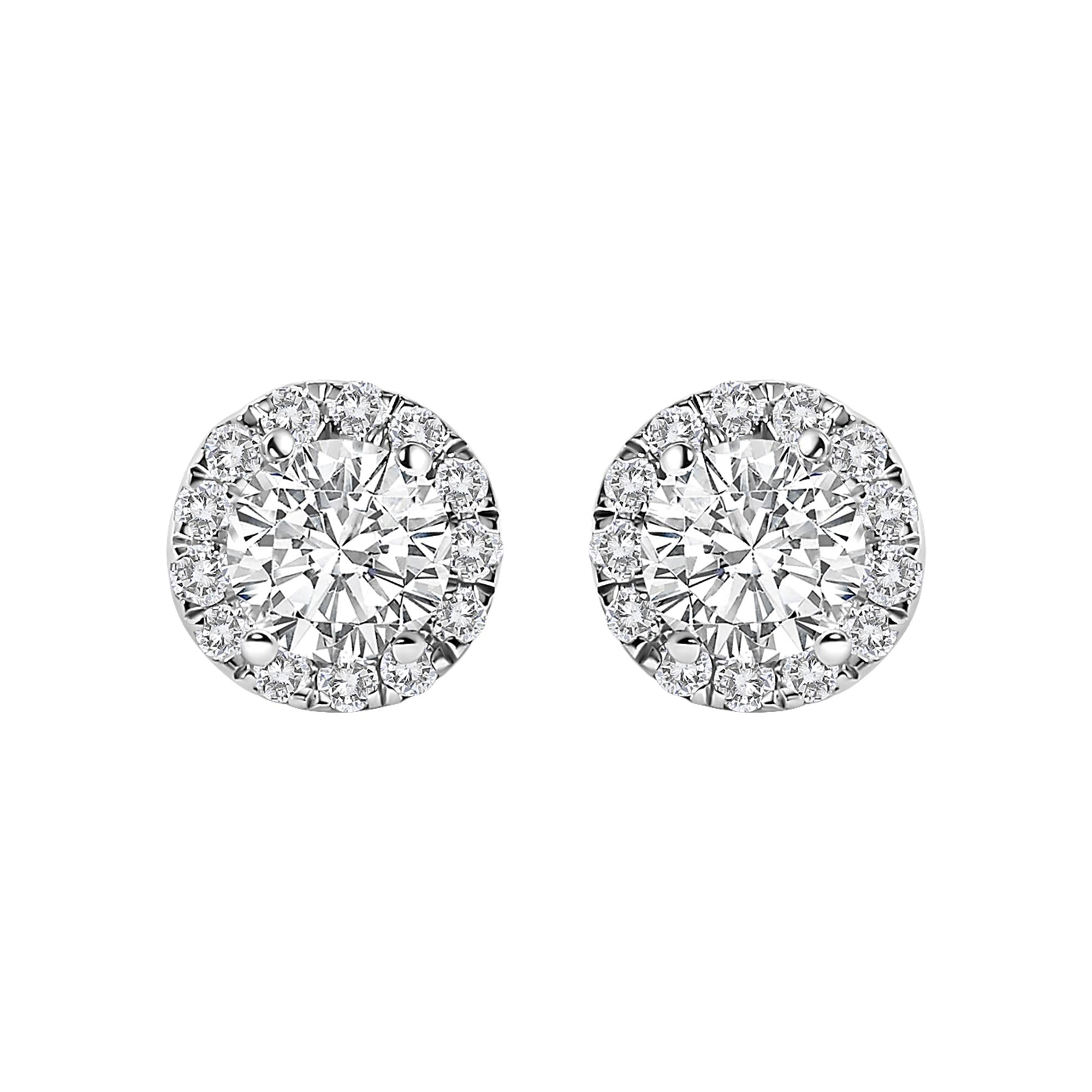 Aretes de oro blanco de 14 quilates con halo de diamantes cultivados en laboratorio de 1,0 quilates (color FG, claridad VS1-VS2) - Friggin Jewelry