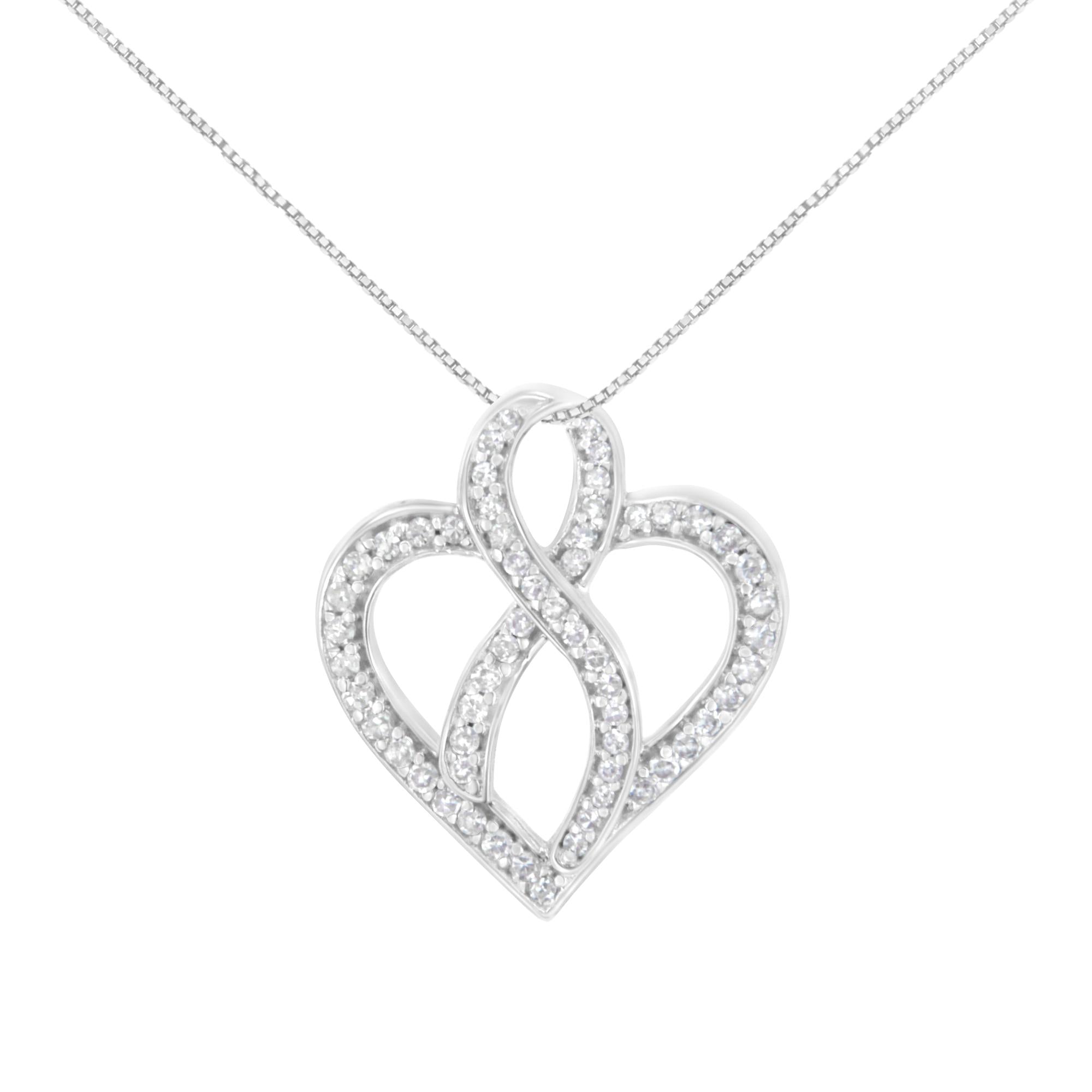 Collar con colgante de corazón y lazo en oro blanco de 14 quilates con diamantes de talla redonda de 1/4 ct (HI, I1-I2) - Friggin Jewelry