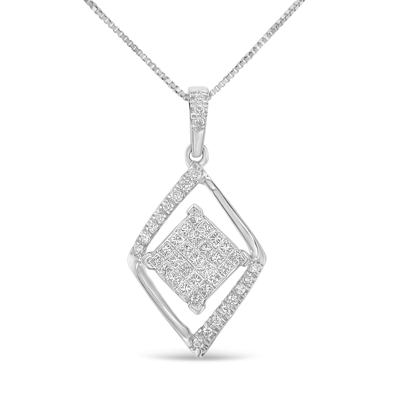Collar con colgante de doble triángulo de 45,7 cm en oro blanco de 10 k con diamantes redondos y de talla princesa de 1/3 ct (color HI, claridad SI1-SI2) - Friggin Jewelry