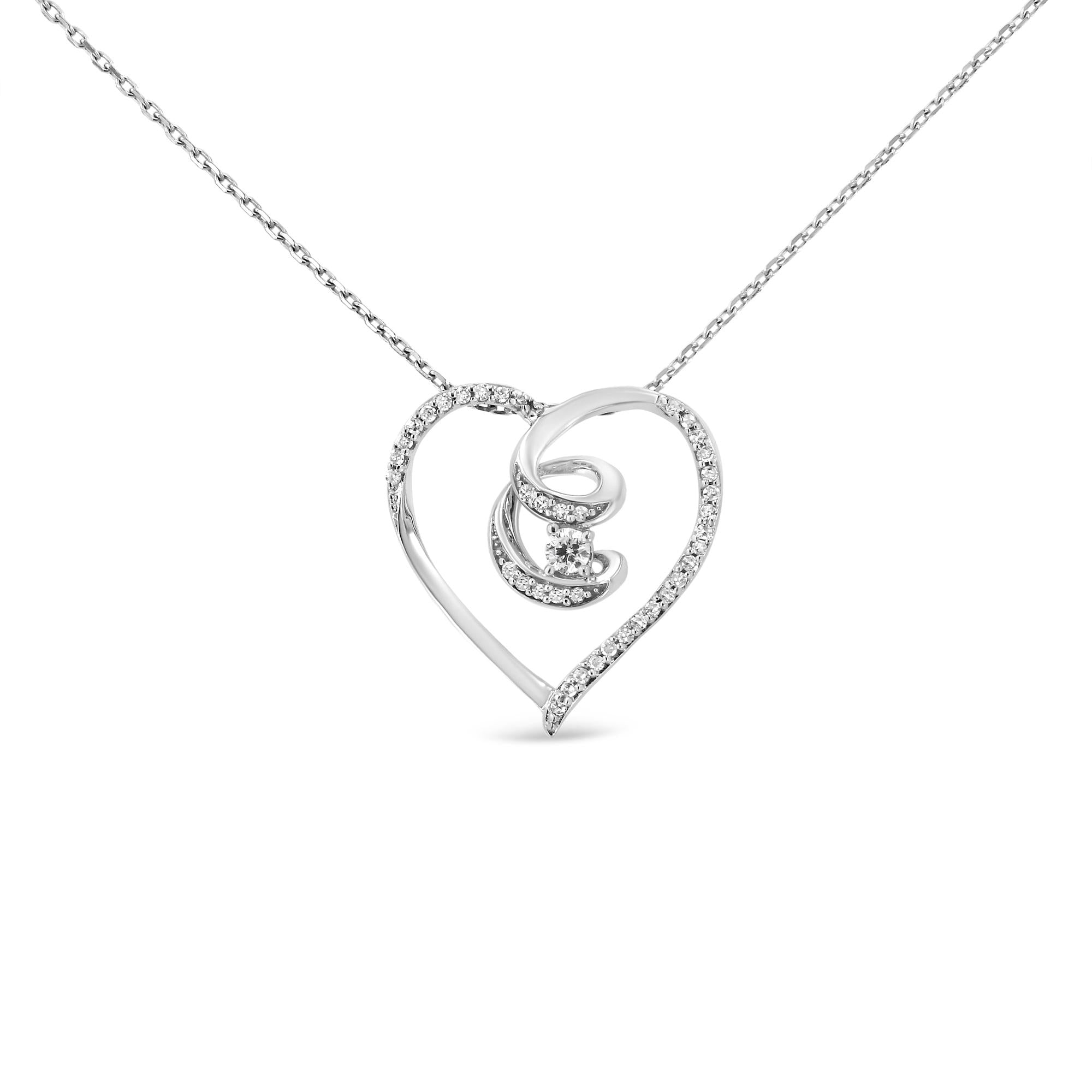 .925 Sterling Silver 1/4 Cttw Brilliant-Cut Diamond Open Heart Twisted Awareness Ribbon 18" Pendant Necklace (H-I Color, I1-I2 Clarity) - Friggin Jewelry