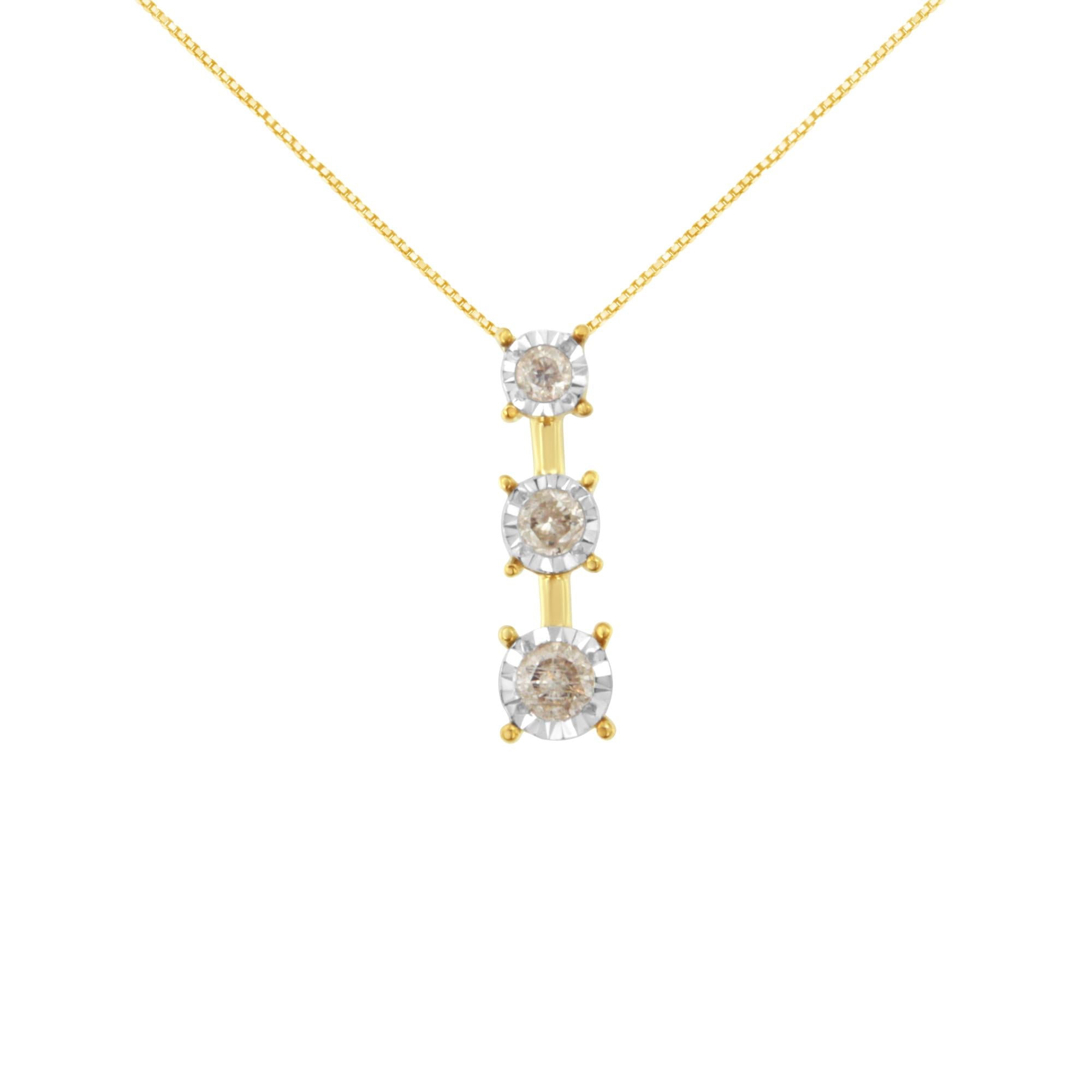 Collar con colgante de 45,7 cm (18") de oro amarillo de 10 quilates con diamantes brillantes de talla redonda engastados milagros de 1/4 ct y tres piedras graduadas (color JK, claridad I1-I2) - Friggin Jewelry