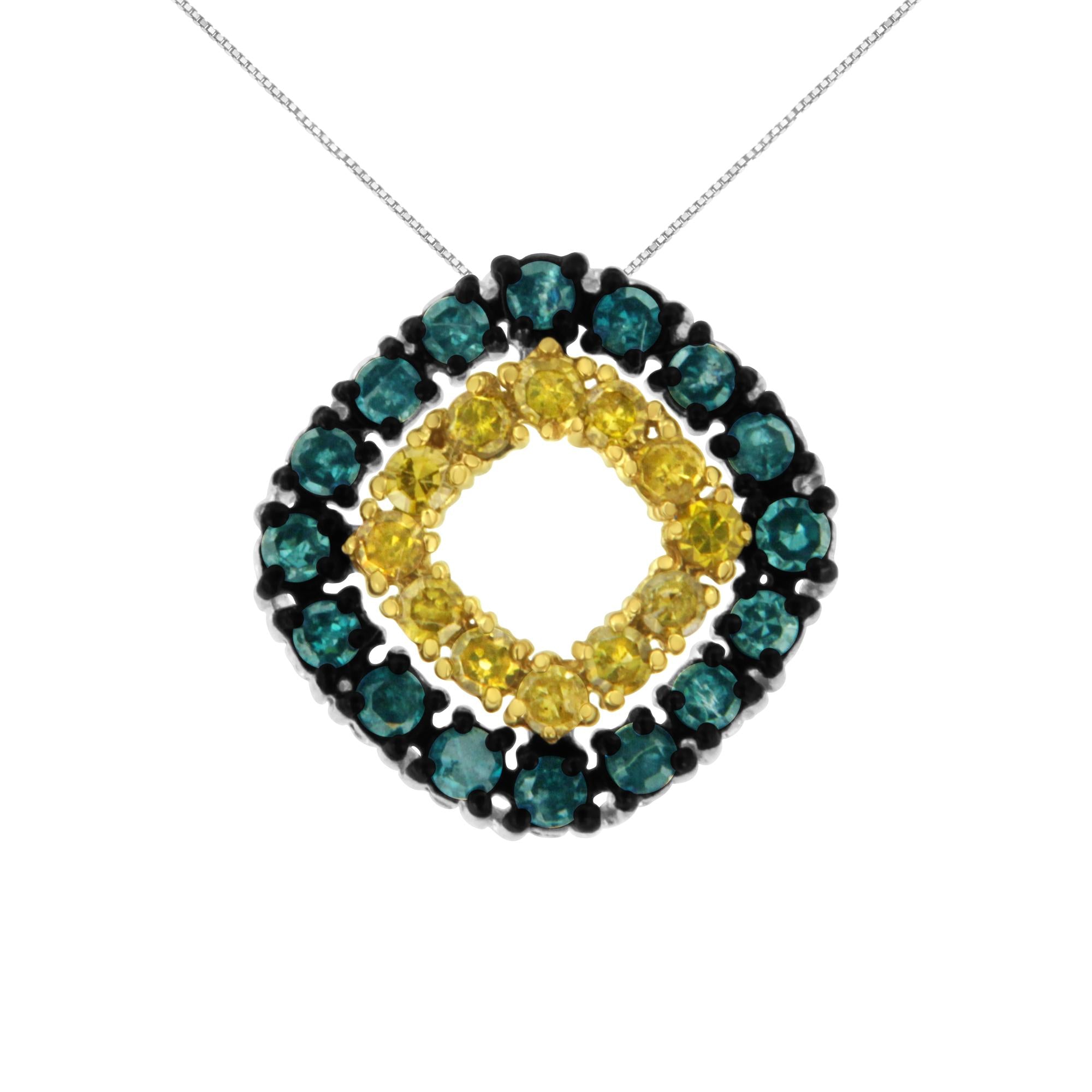 .925 Sterling Silver 1/2 Cttw Treated Blue and Yellow Diamond Double Square 18" Pendant Necklace (Blue/Yellow Color, I2-I3 Clarity) - Friggin Jewelry