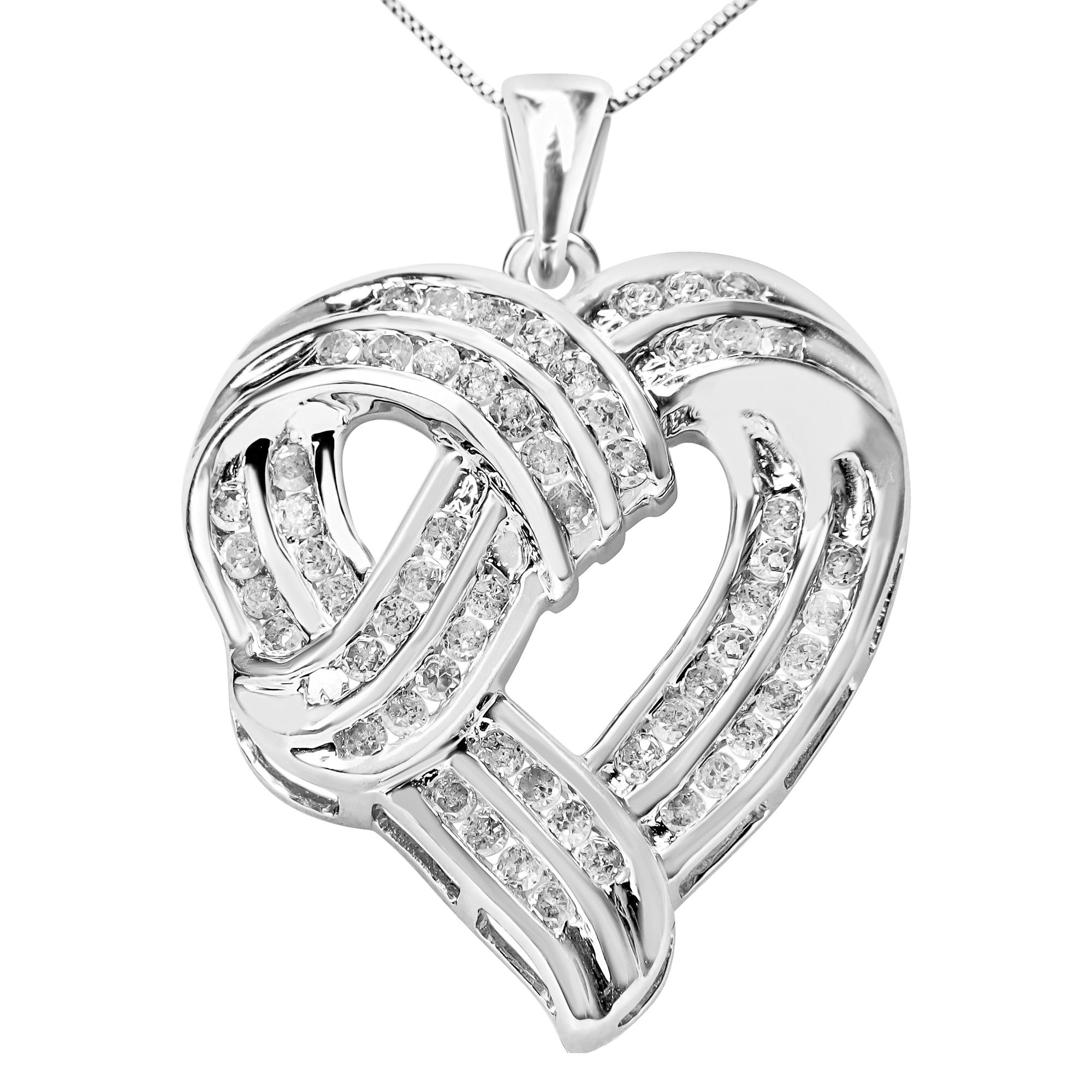 .925 Sterling Silver 1 1/4 Cttw Round Diamond Openwork Ribbon Weave Heart Pendant 18" Necklace (I-J Color, I3 Clarity) - Friggin Jewelry