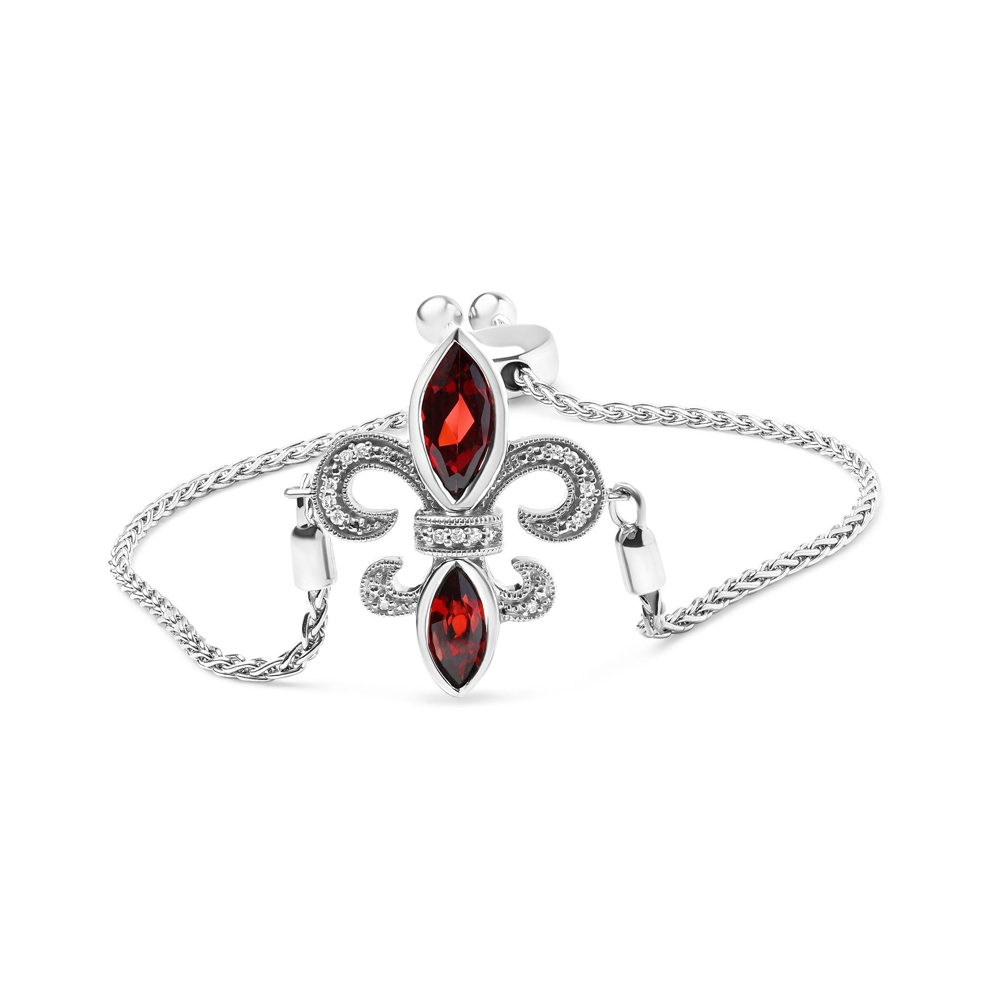 Pulsera bolo ajustable con flor de lis de 10 a 25 cm en plata de ley 925 con granate marquesa y detalles de diamantes (color HI, claridad SI1-SI2) - Friggin Jewelry