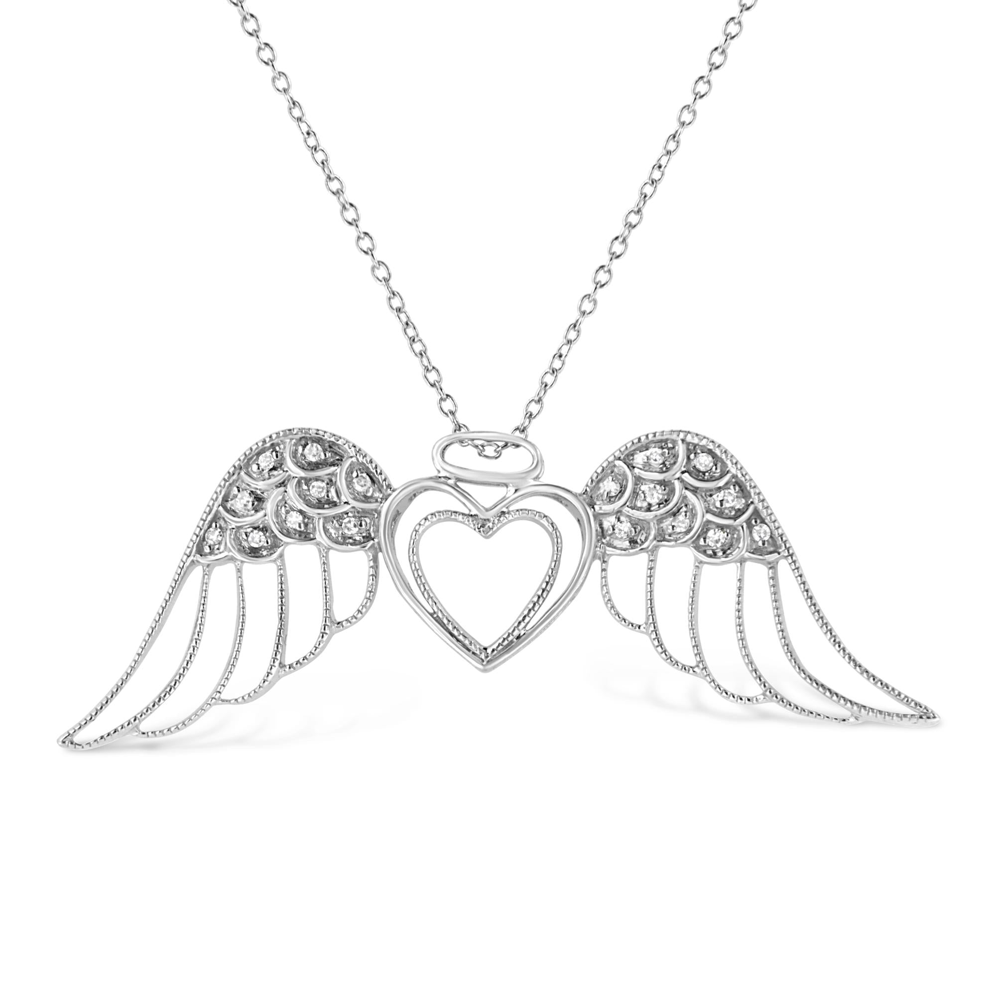 .925 Sterling Silver Pave-Set Diamond Accent Angel Wing 18" Double Heart Pendant Necklace (I-J Color, I1-I2 Clarity) - Friggin Jewelry