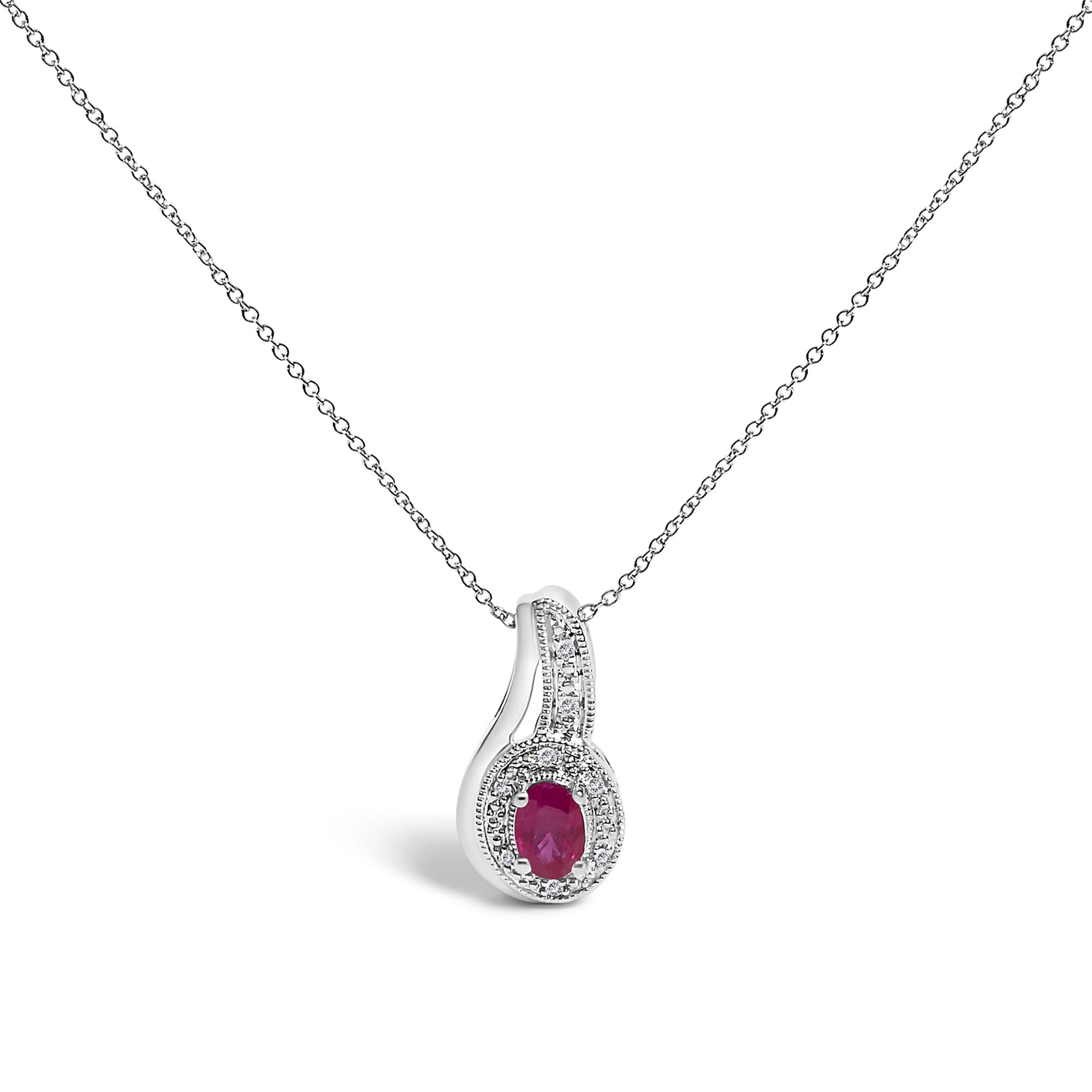 .925 Sterling Silver Red Ruby and Diamond Accent Milgrain Swirl Pendant Necklace - 18" Inches - Friggin Jewelry